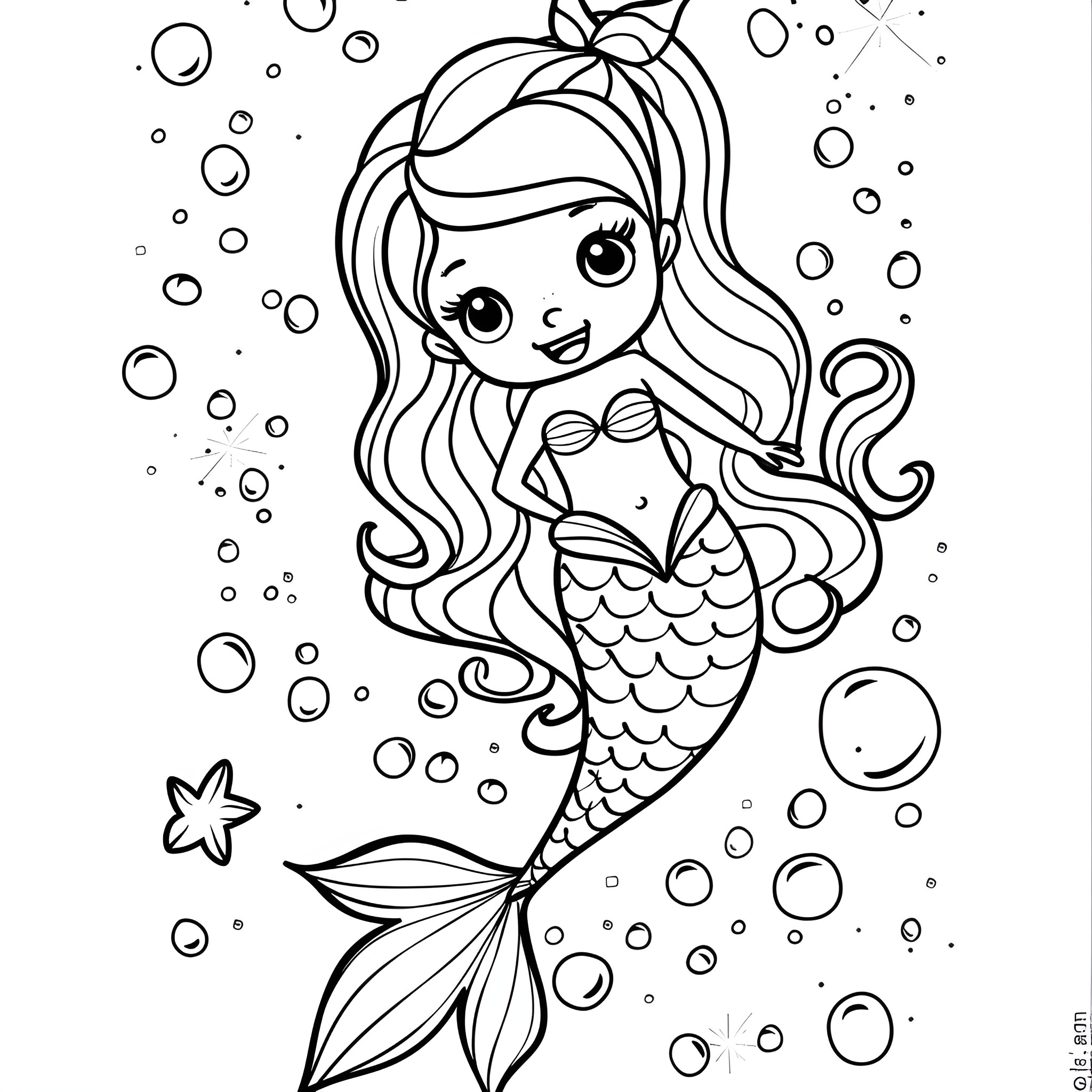 Mermaid swimming cheerfully in bubbles Coloring Page (free black-and-white line drawing printable PDF for all, from beginners to advanced learners, including children, teens, adults, and seniors)