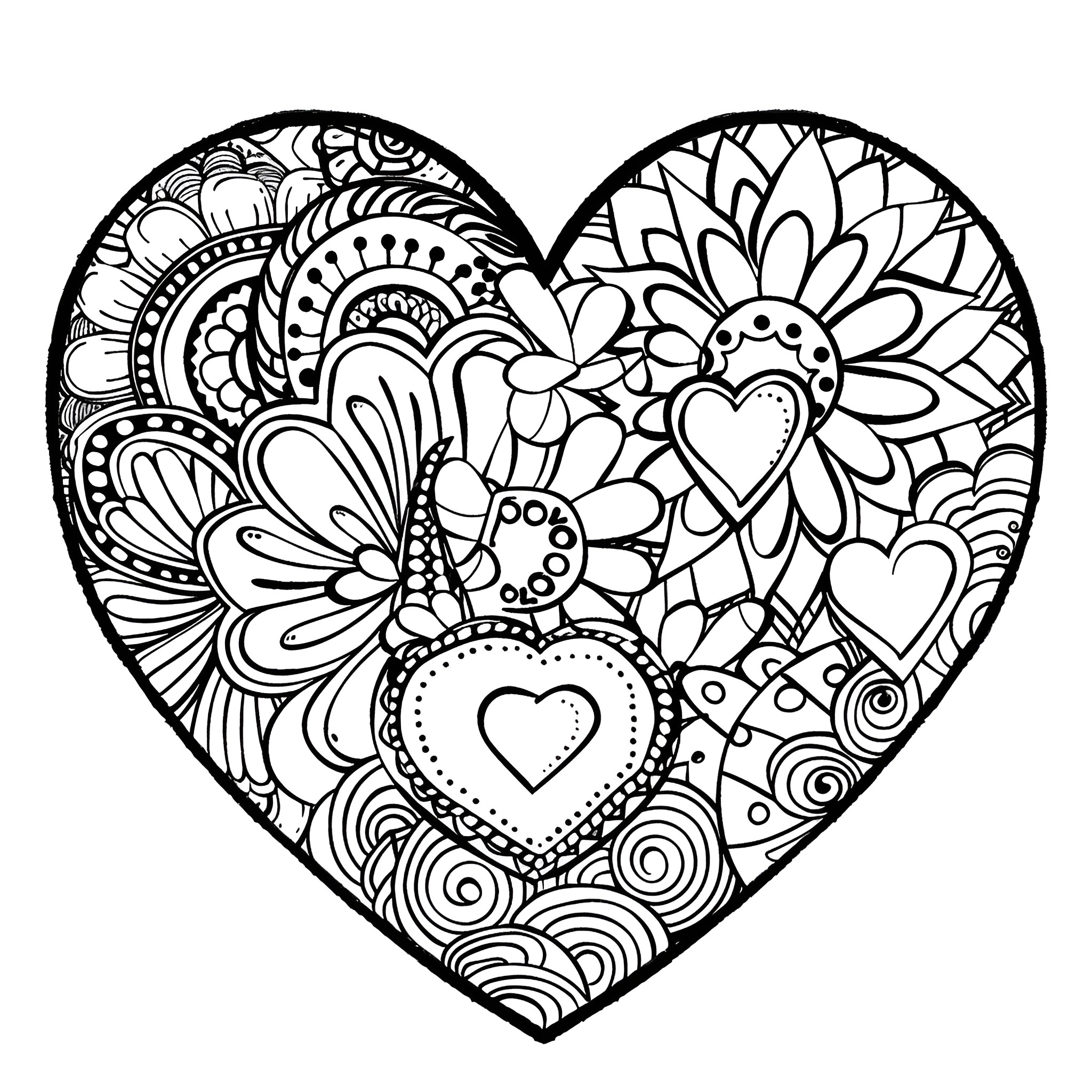Valentine's Day Floral Heart Design Coloring Page (free black-and-white line drawing printable PDF for all, from beginners to advanced learners, including children, teens, adults, and seniors)