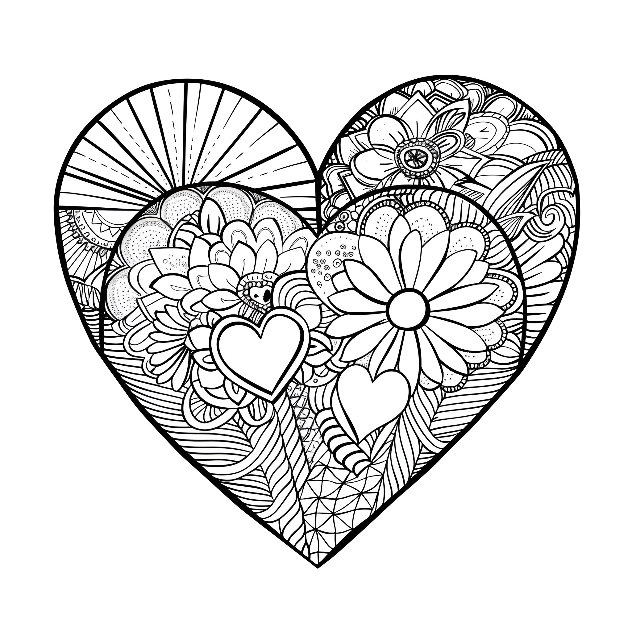 Valentine's Day Floral Heart Design Coloring Page (free black-and-white line drawing printable PDF for all, from beginners to advanced learners, including children, teens, adults, and seniors)
