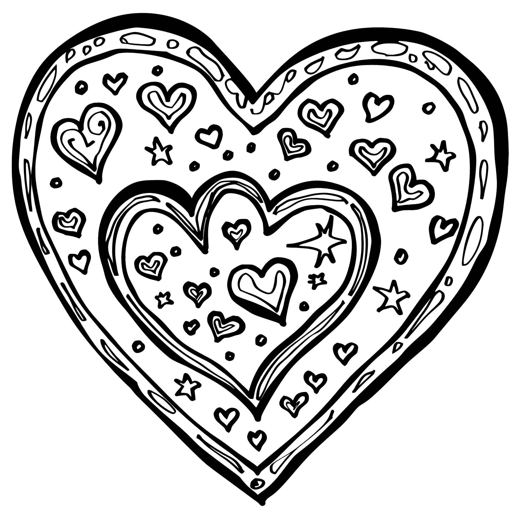 Valentine's Day heart-shaped doodle with stars Coloring Page (free black-and-white line drawing printable PDF for all, from beginners to advanced learners, including children, teens, adults, and seniors)