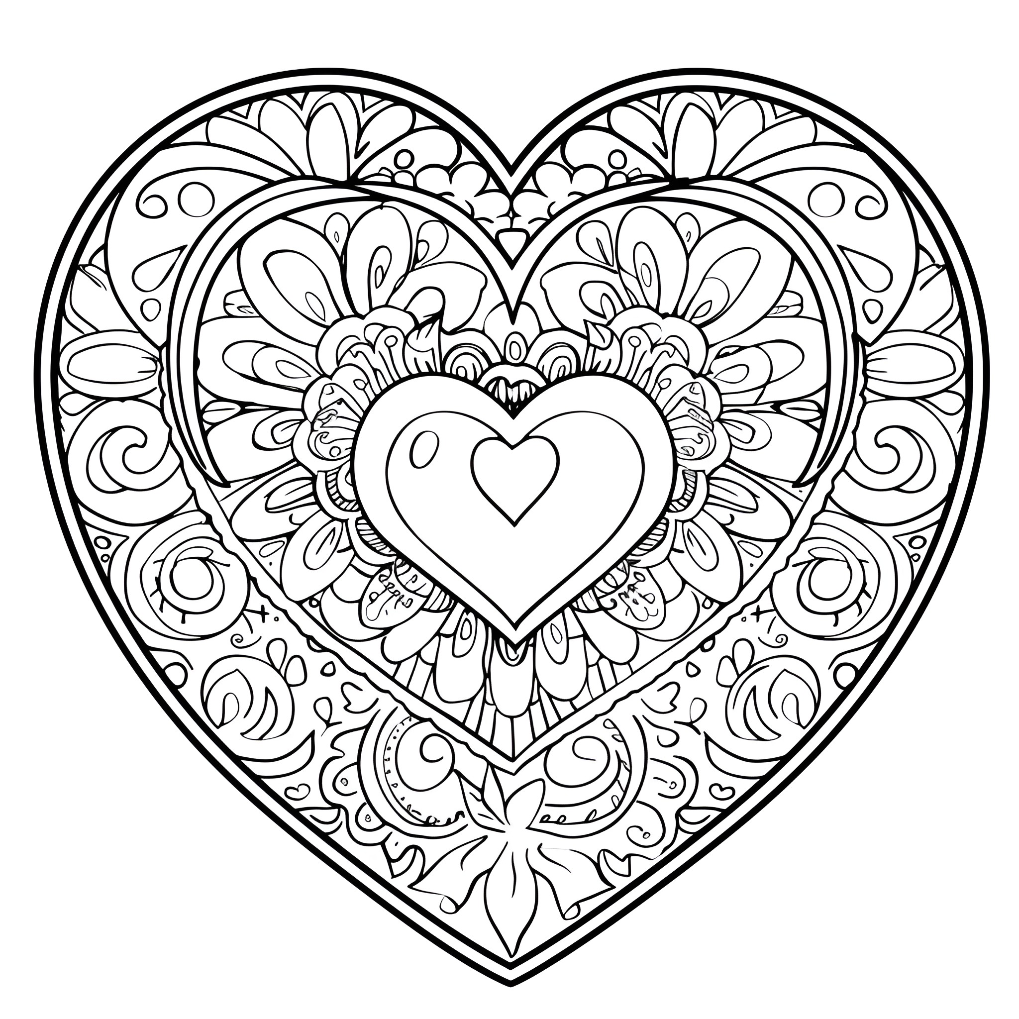 Valentine's Day heart-shaped floral design Coloring Page (free black-and-white line drawing printable PDF for all, from beginners to advanced learners, including children, teens, adults, and seniors)