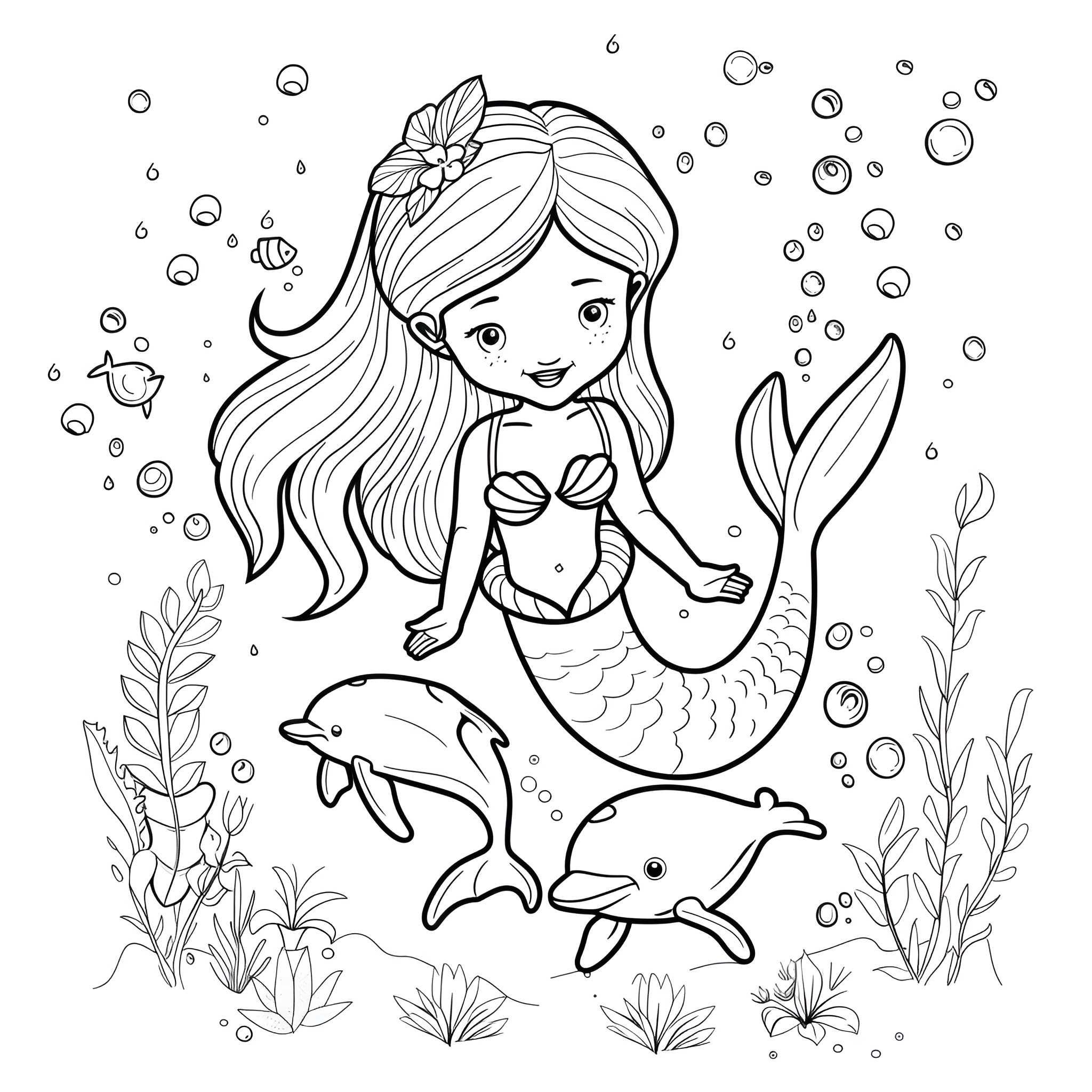 Mermaid playing with dolphins in the sea Coloring Page (free black-and-white line drawing printable PDF for all, from beginners to advanced learners, including children, teens, adults, and seniors)