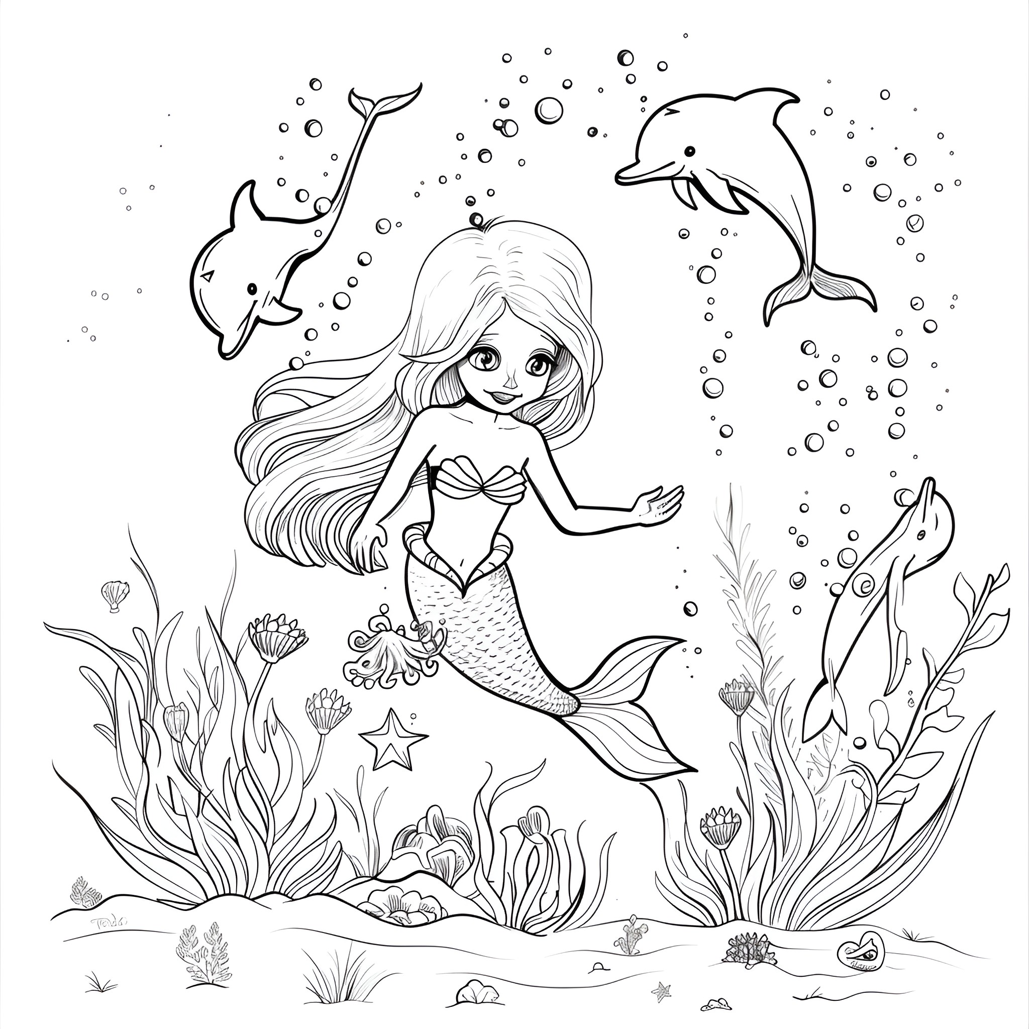 Mermaid surrounded by sea creatures Coloring Page (free black-and-white line drawing printable PDF for all, from beginners to advanced learners, including children, teens, adults, and seniors)