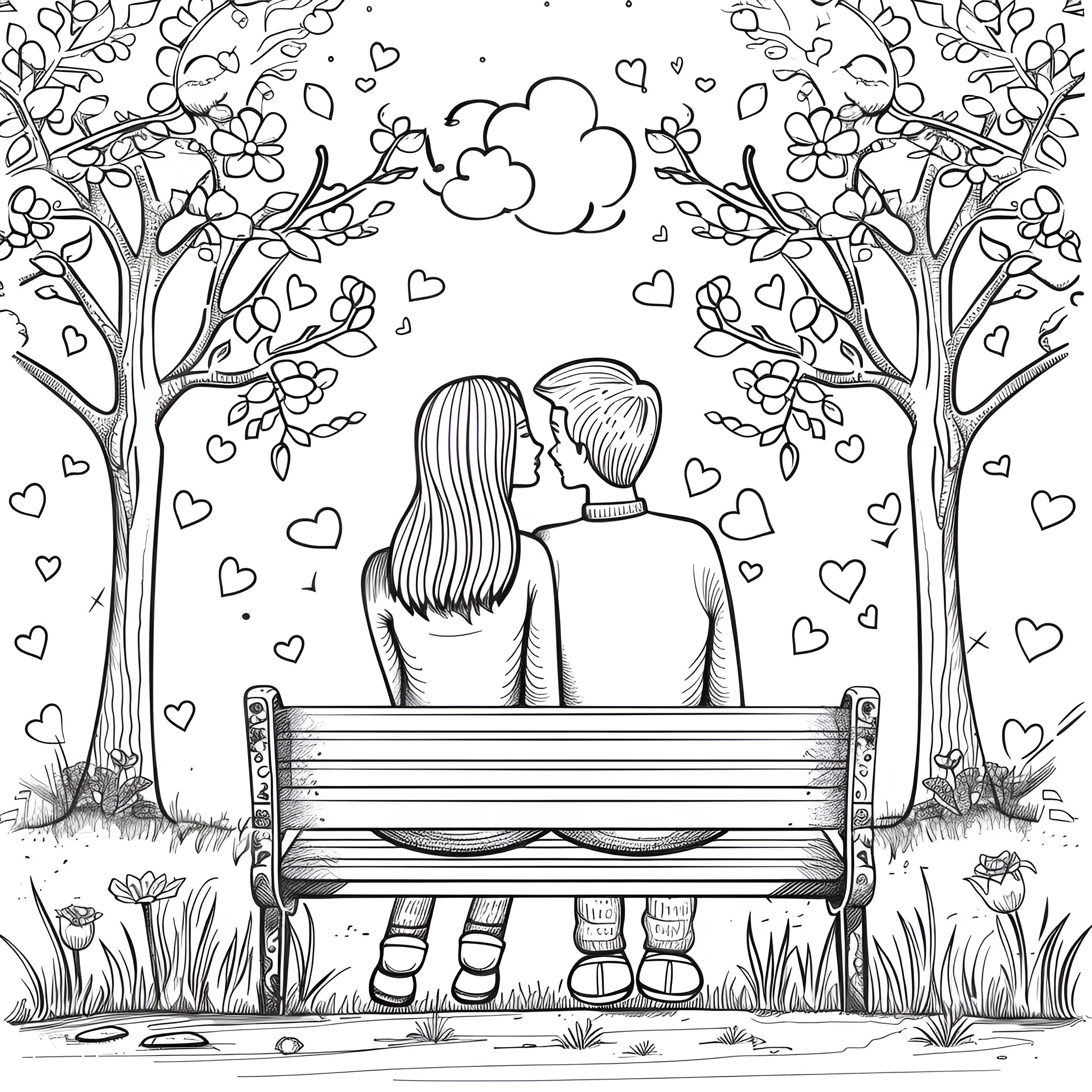 Valentine's Day Couple on Bench amid Hearts Coloring Page (free black-and-white line drawing printable PDF for all, from beginners to advanced learners, including children, teens, adults, and seniors)