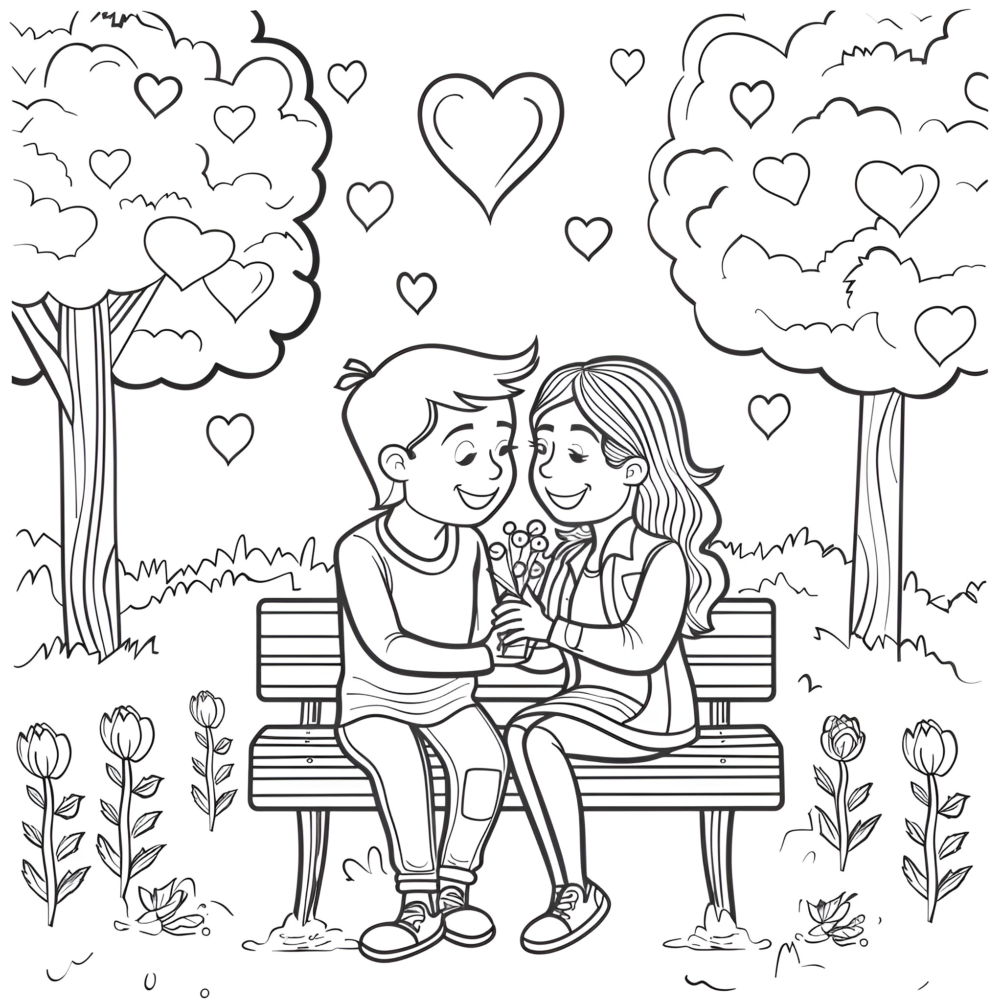 Valentine's Day Couple Sharing Romantic Moment Coloring Page (free black-and-white line drawing printable PDF for all, from beginners to advanced learners, including children, teens, adults, and seniors)