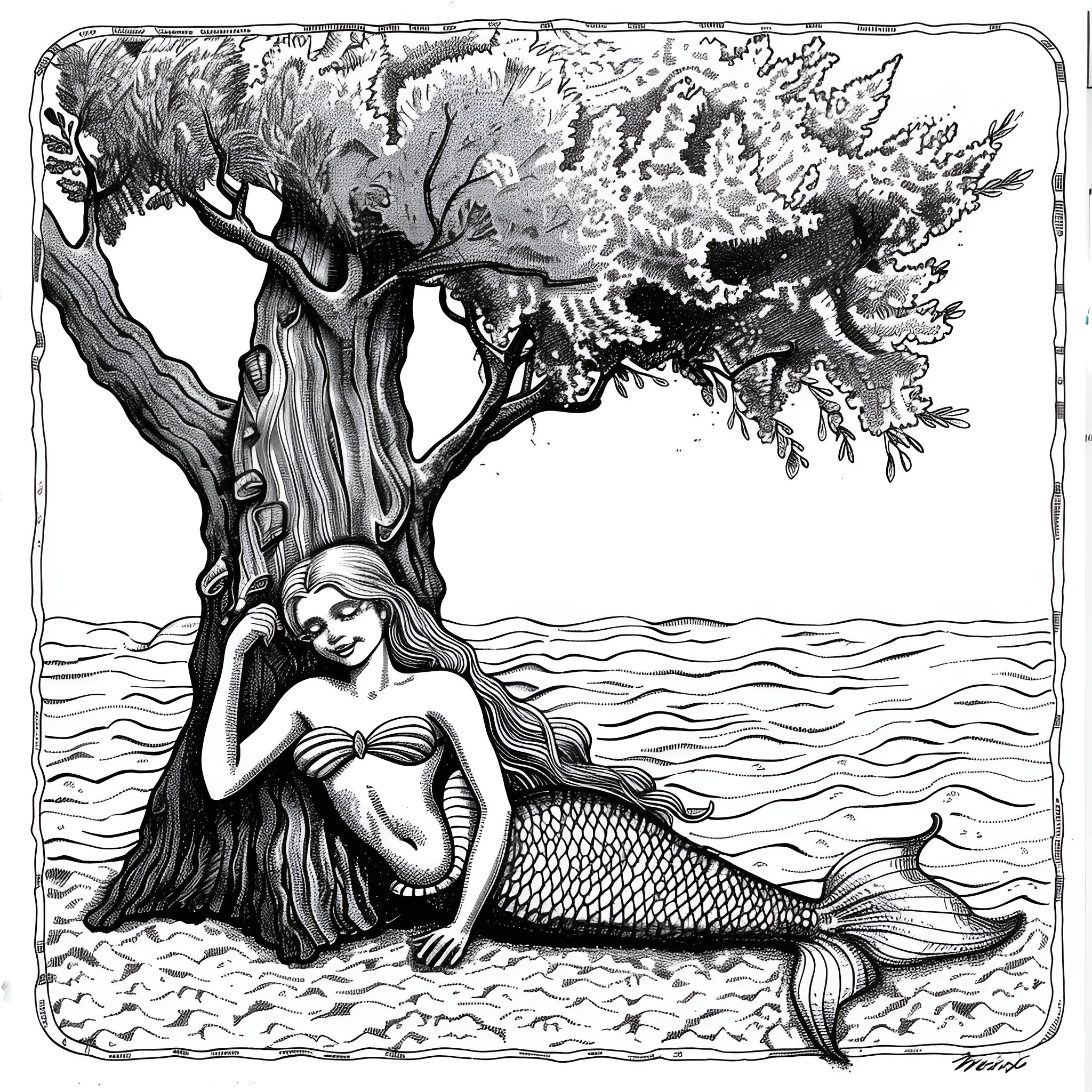 Mermaid resting under a gnarled tree by the sea Coloring Page (free black-and-white line drawing printable PDF for all, from beginners to advanced learners, including children, teens, adults, and seniors)