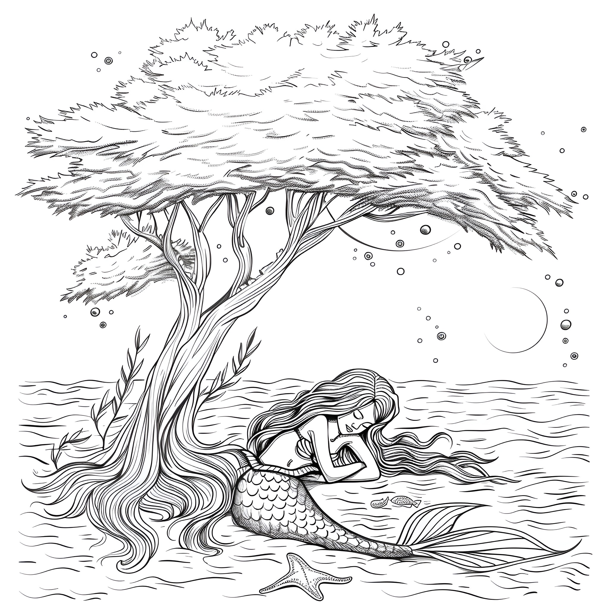 Mermaid relaxing under a tree by the ocean Coloring Page (free black-and-white line drawing printable PDF for all, from beginners to advanced learners, including children, teens, adults, and seniors)