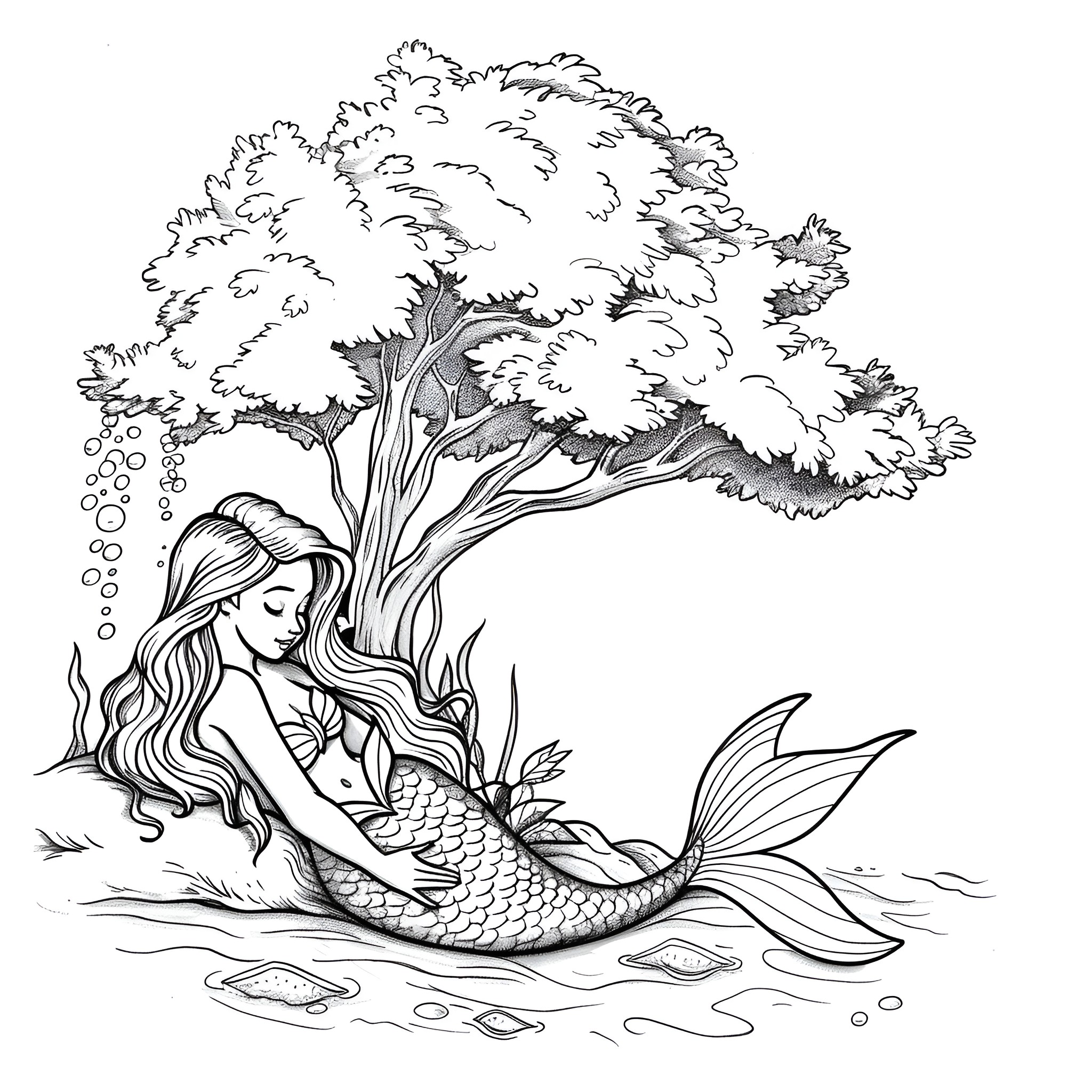 Mermaid resting under a tree Coloring Page (free black-and-white line drawing printable PDF for all, from beginners to advanced learners, including children, teens, adults, and seniors)