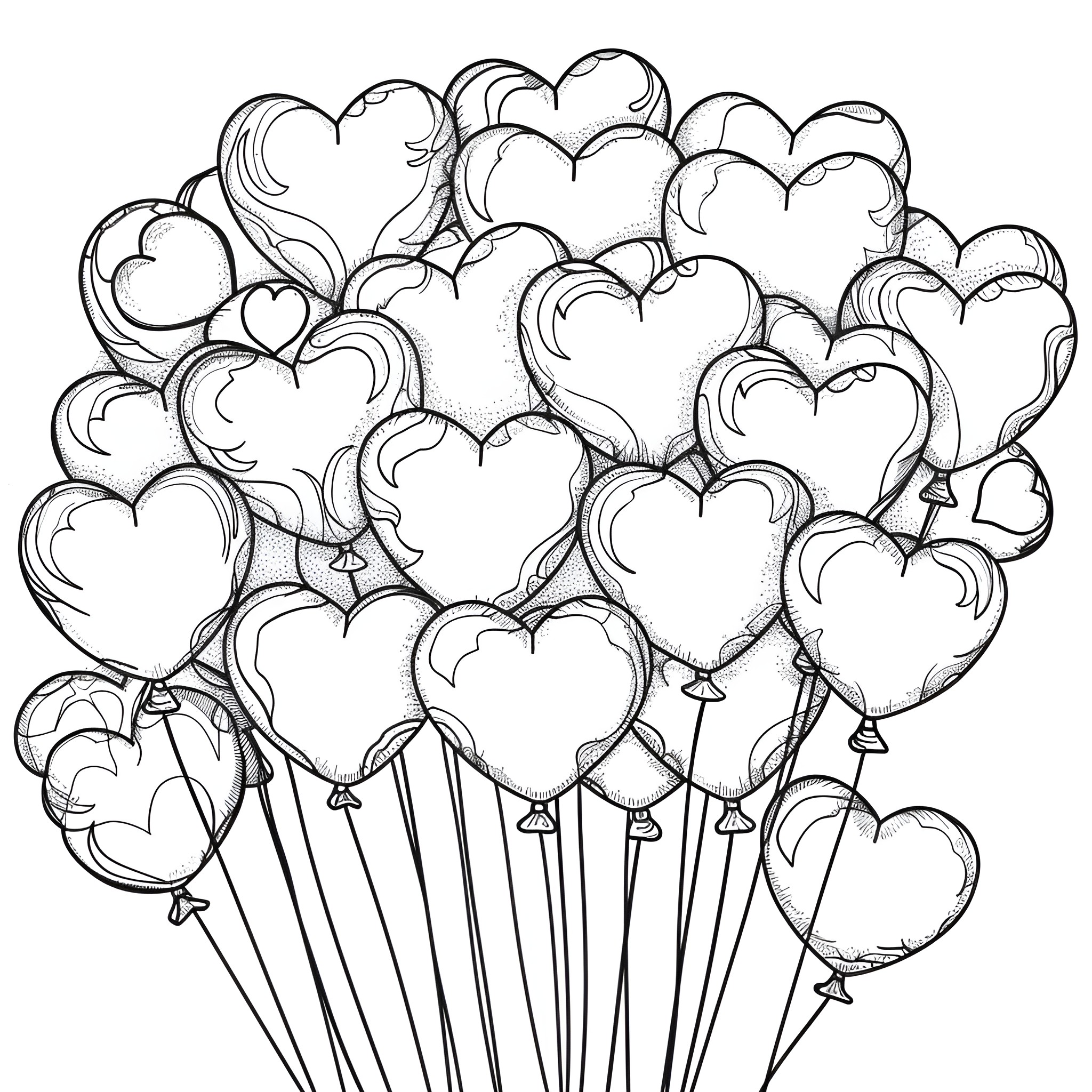 Valentine's Day heart-shaped balloons Coloring Page (free black-and-white line drawing printable PDF for all, from beginners to advanced learners, including children, teens, adults, and seniors)