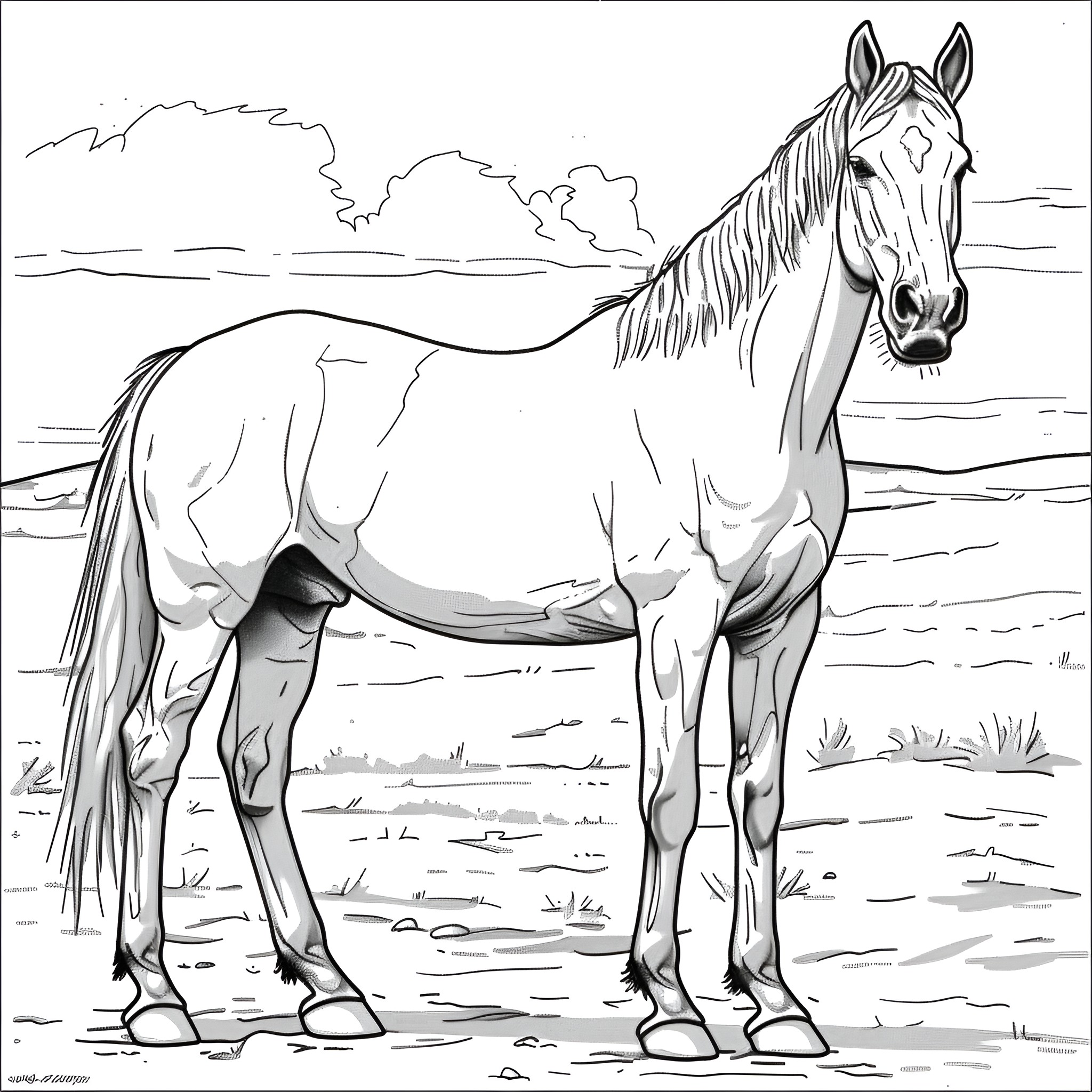 Horse standing in a natural setting Coloring Page (free black-and-white line drawing printable PDF for all, from beginners to advanced learners, including children, teens, adults, and seniors)