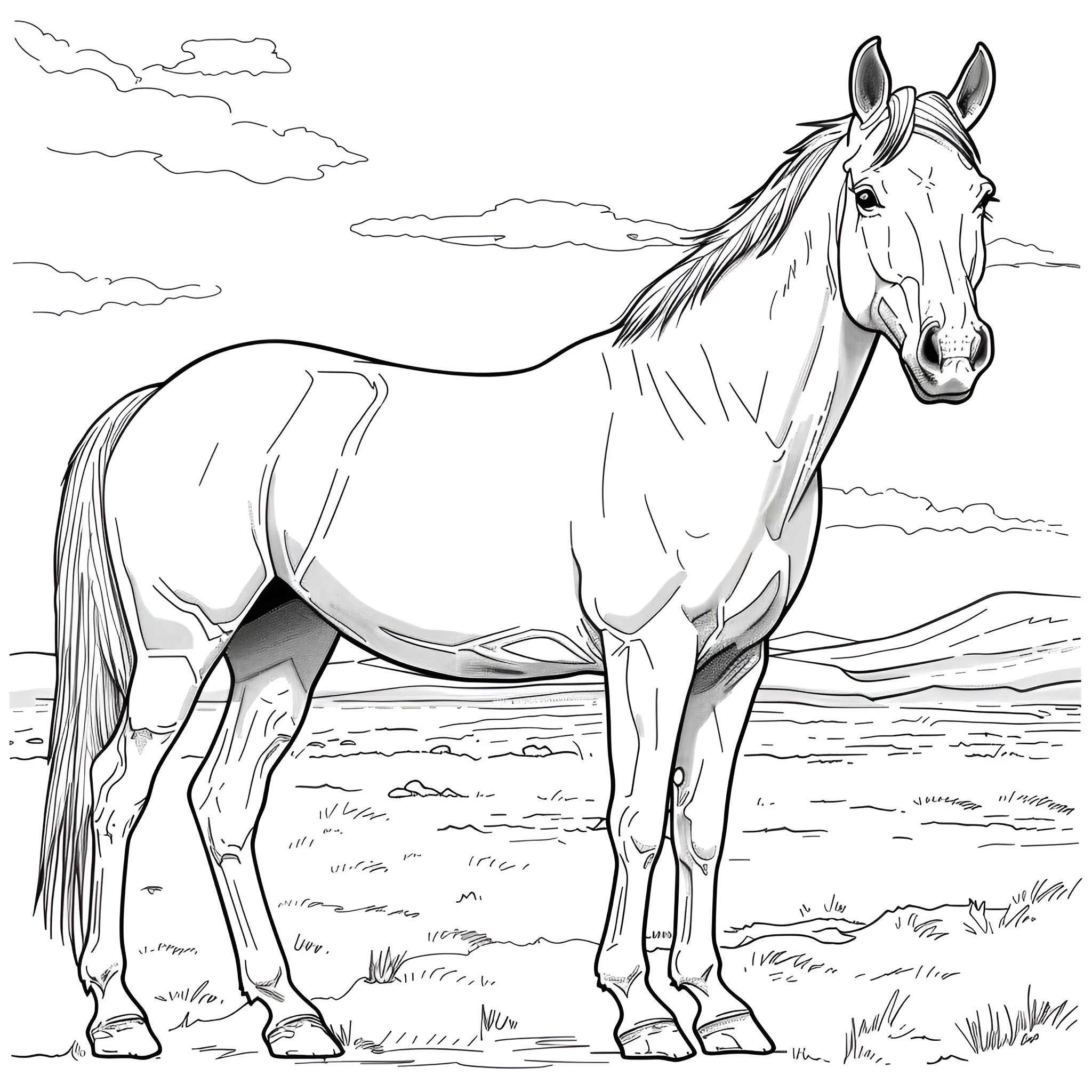 Horse standing in a rural landscape Coloring Page (free black-and-white line drawing printable PDF for all, from beginners to advanced learners, including children, teens, adults, and seniors)