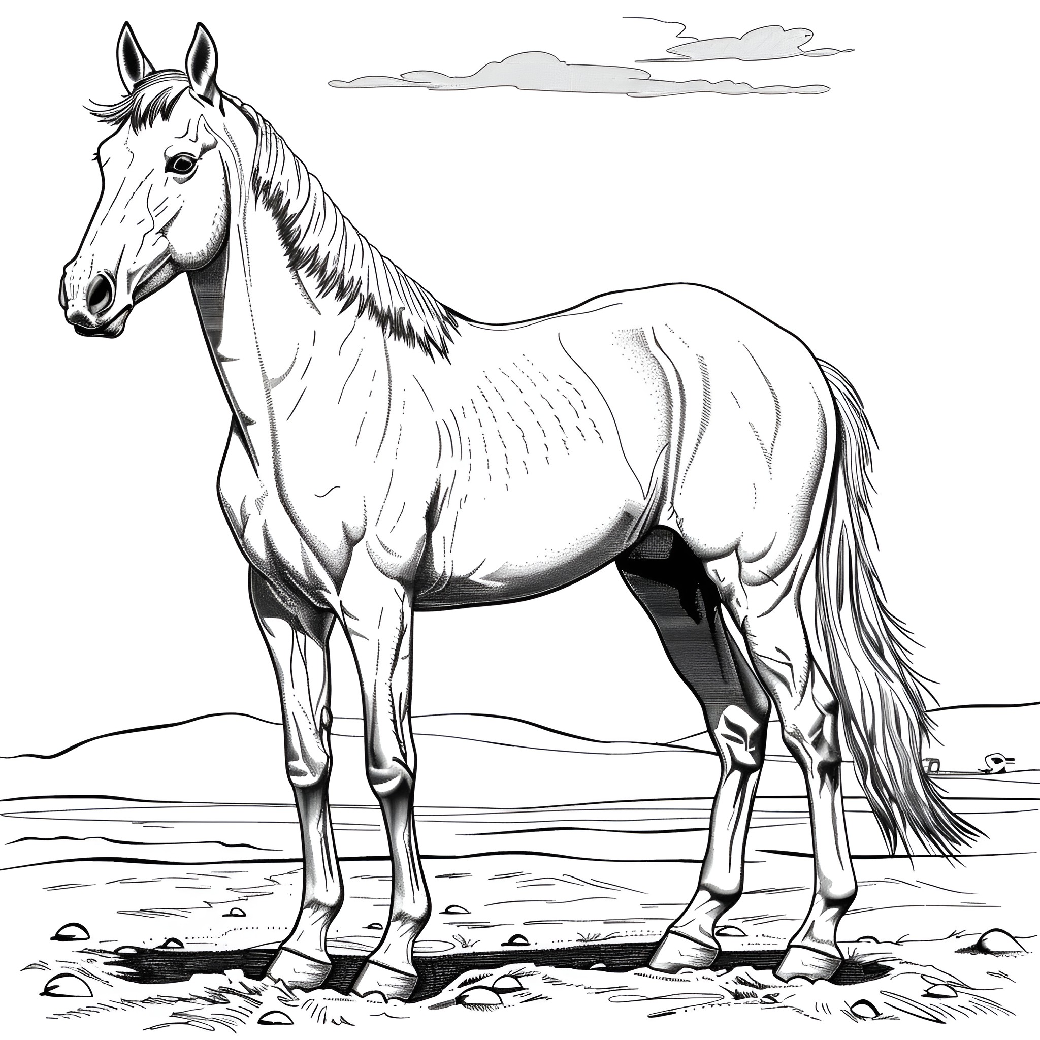 Horse standing proudly in a scenic landscape Coloring Page (free black-and-white line drawing printable PDF for all, from beginners to advanced learners, including children, teens, adults, and seniors)