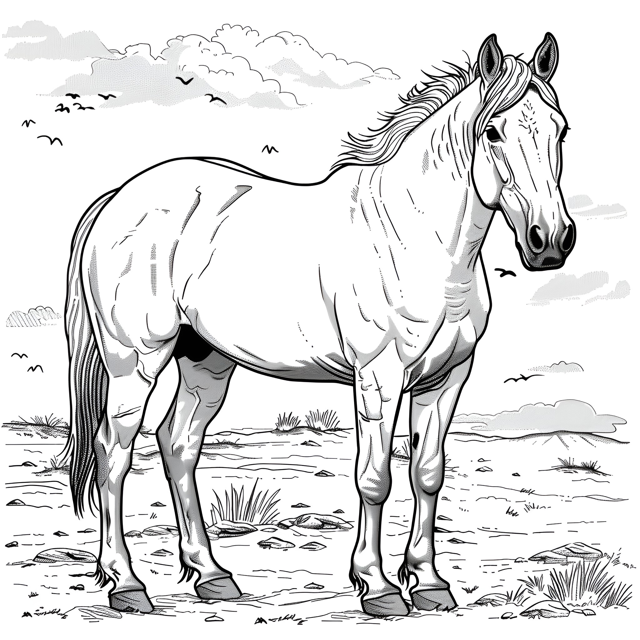 Horse standing in a rural landscape Coloring Page (free black-and-white line drawing printable PDF for all, from beginners to advanced learners, including children, teens, adults, and seniors)