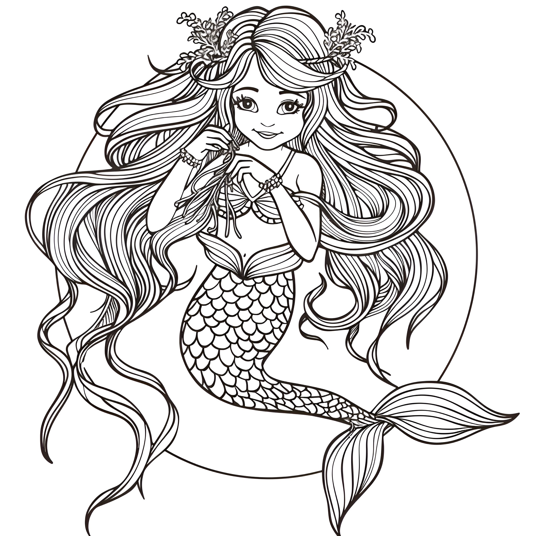 Mermaid with flowing hair and ornate tail Coloring Page (free black-and-white line drawing printable PDF for all, from beginners to advanced learners, including children, teens, adults, and seniors)