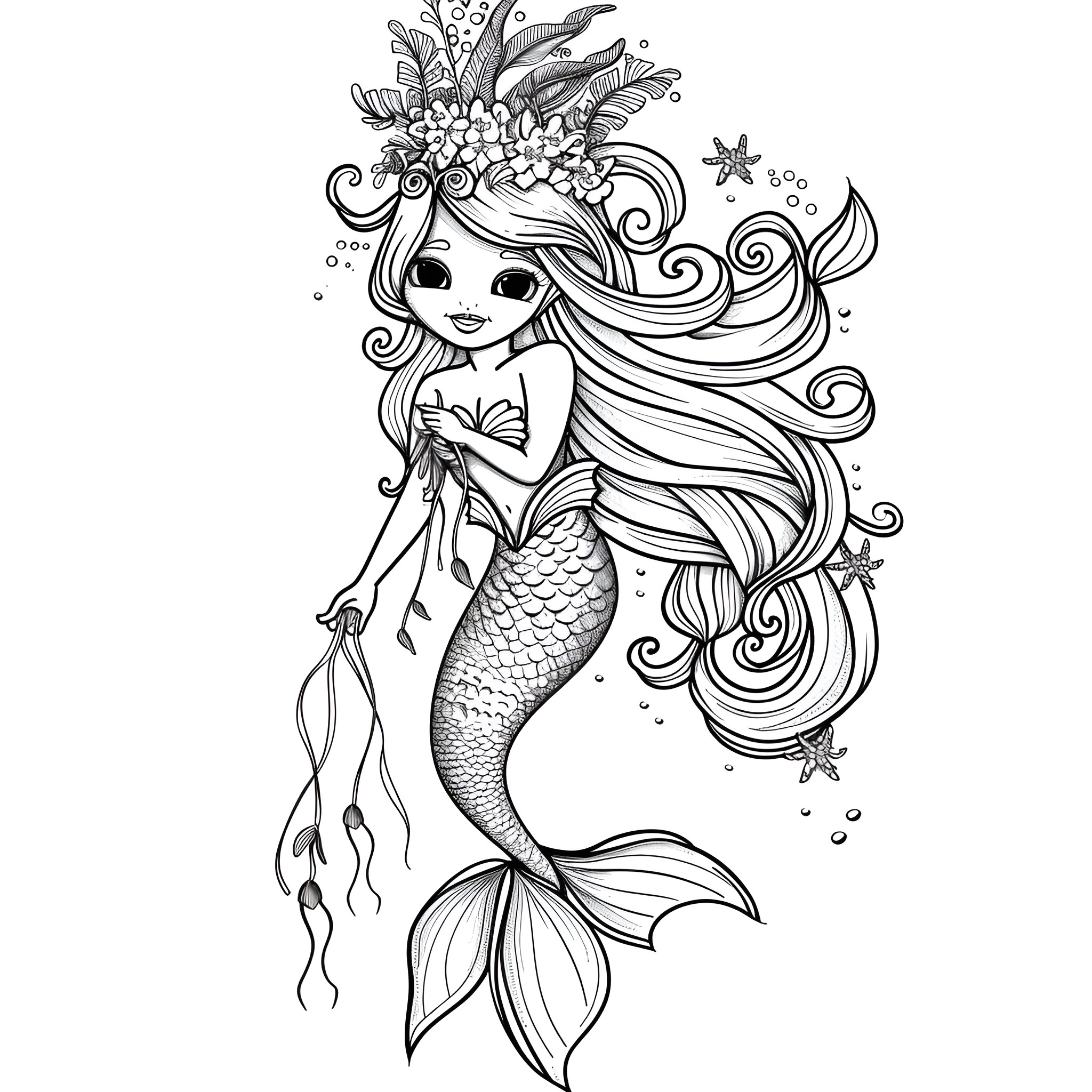 Mermaid with intricate marine floral headpiece Coloring Page (free black-and-white line drawing printable PDF for all, from beginners to advanced learners, including children, teens, adults, and seniors)