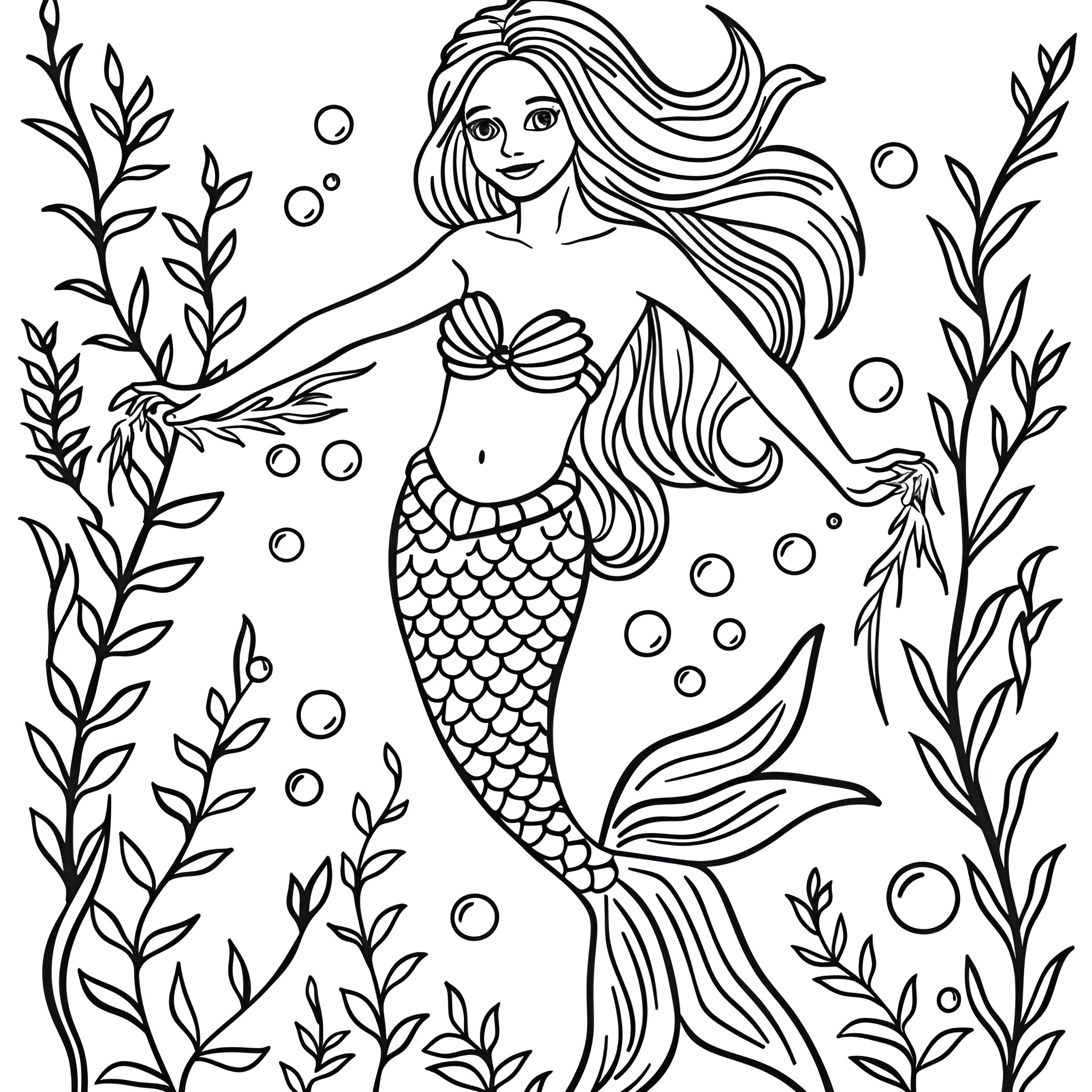 Mermaid with flowing hair and fins Coloring Page (free black-and-white line drawing printable PDF for all, from beginners to advanced learners, including children, teens, adults, and seniors)