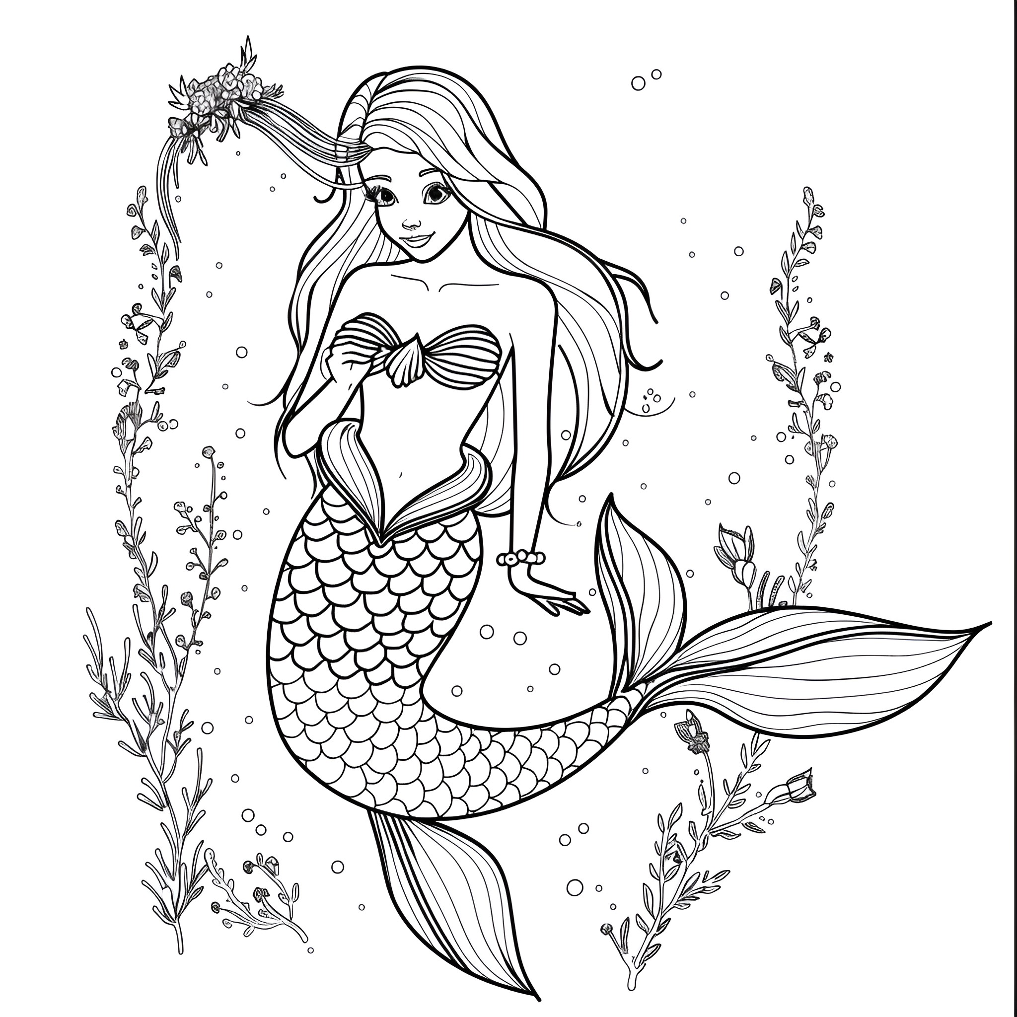 Mermaid swimming gracefully in underwater scene Coloring Page (free black-and-white line drawing printable PDF for all, from beginners to advanced learners, including children, teens, adults, and seniors)