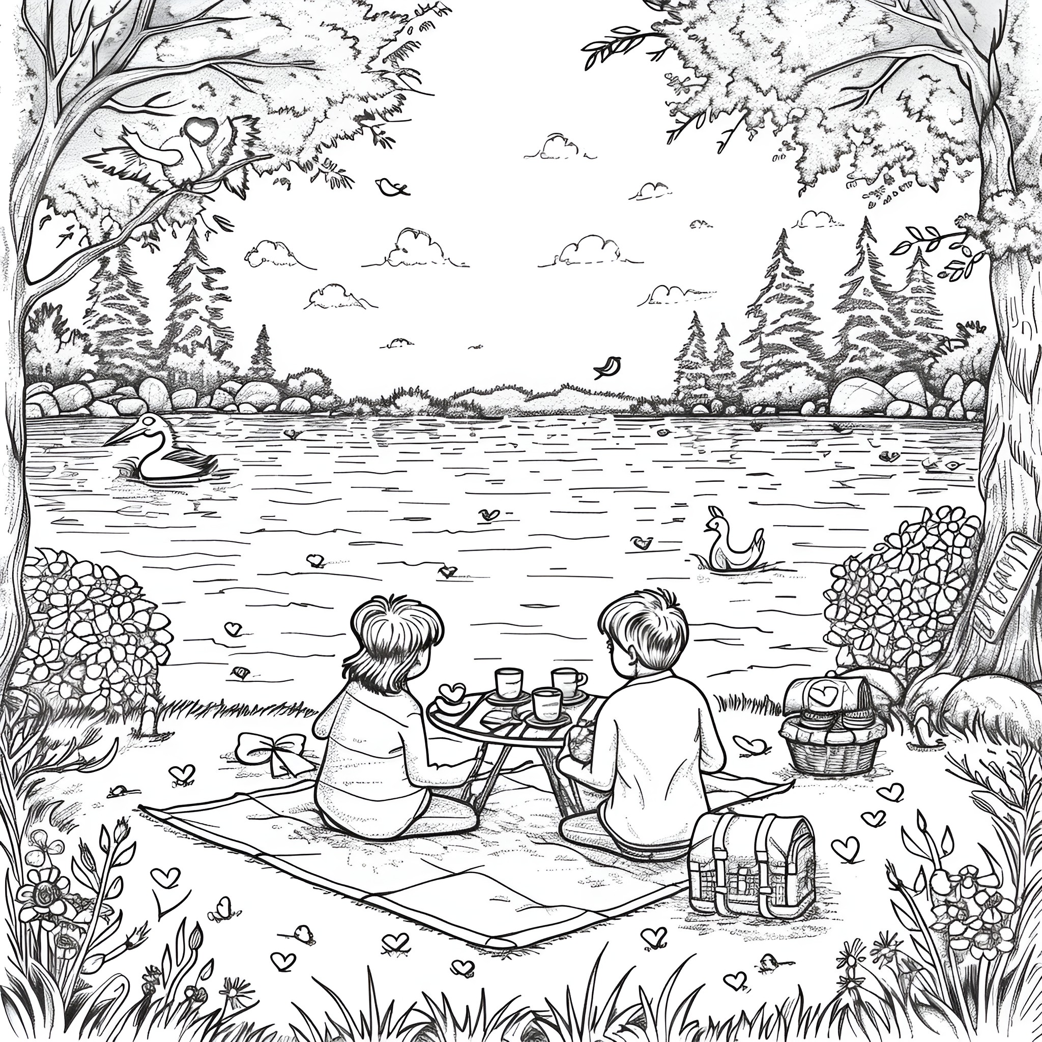 Valentine's Day lovers' picnic by the lake Coloring Page (free black-and-white line drawing printable PDF for all, from beginners to advanced learners, including children, teens, adults, and seniors)
