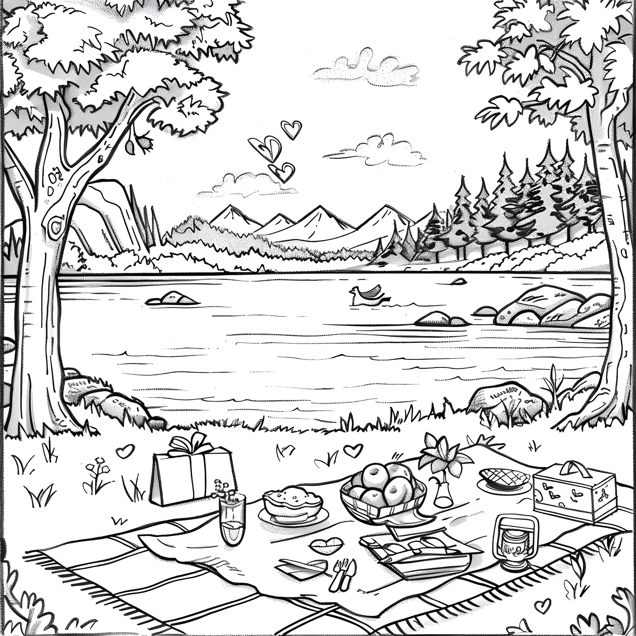 Valentine's Day picnic by the lake Coloring Page (free black-and-white line drawing printable PDF for all, from beginners to advanced learners, including children, teens, adults, and seniors)