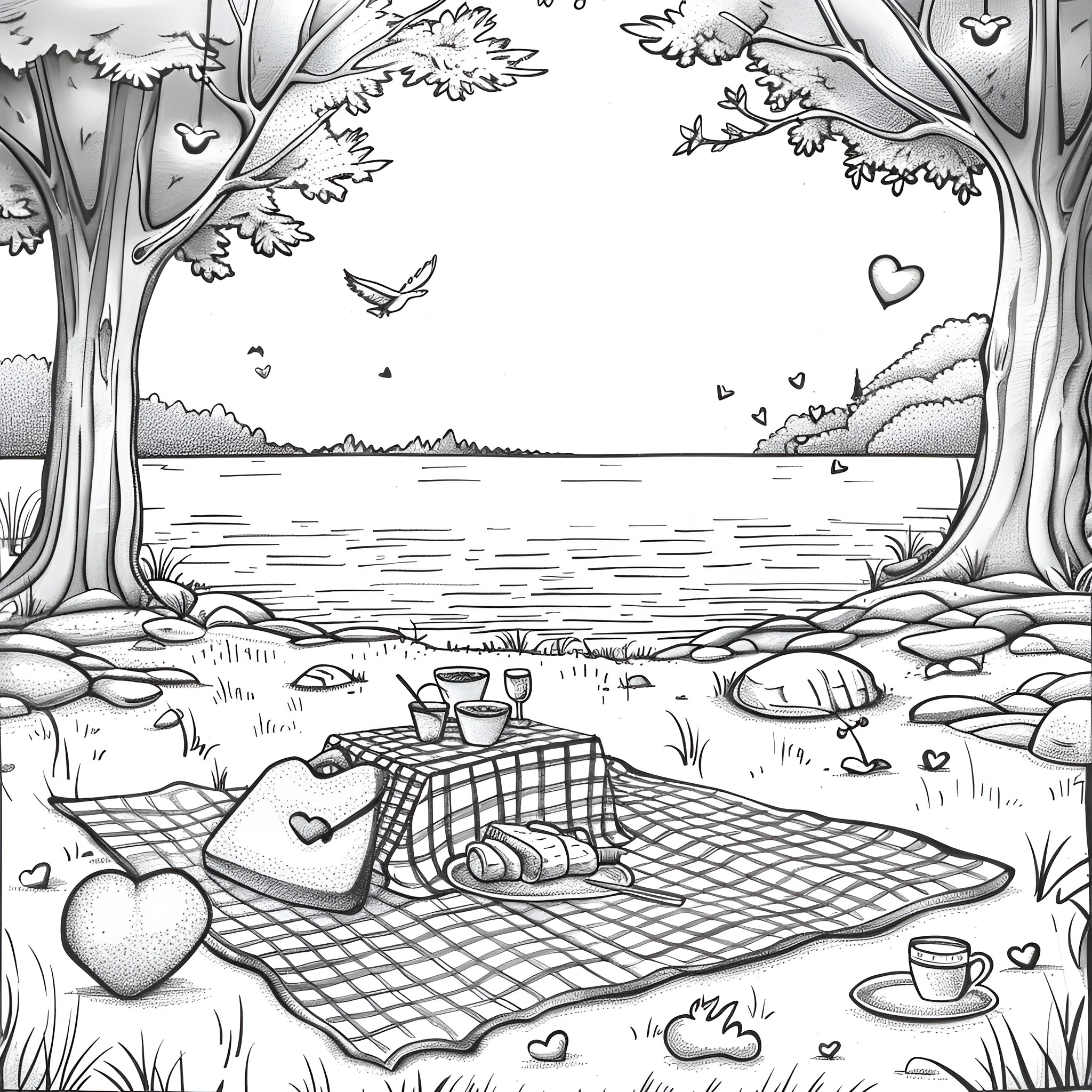Valentine's Day Picnic by the Lake Coloring Page (free black-and-white line drawing printable PDF for all, from beginners to advanced learners, including children, teens, adults, and seniors)