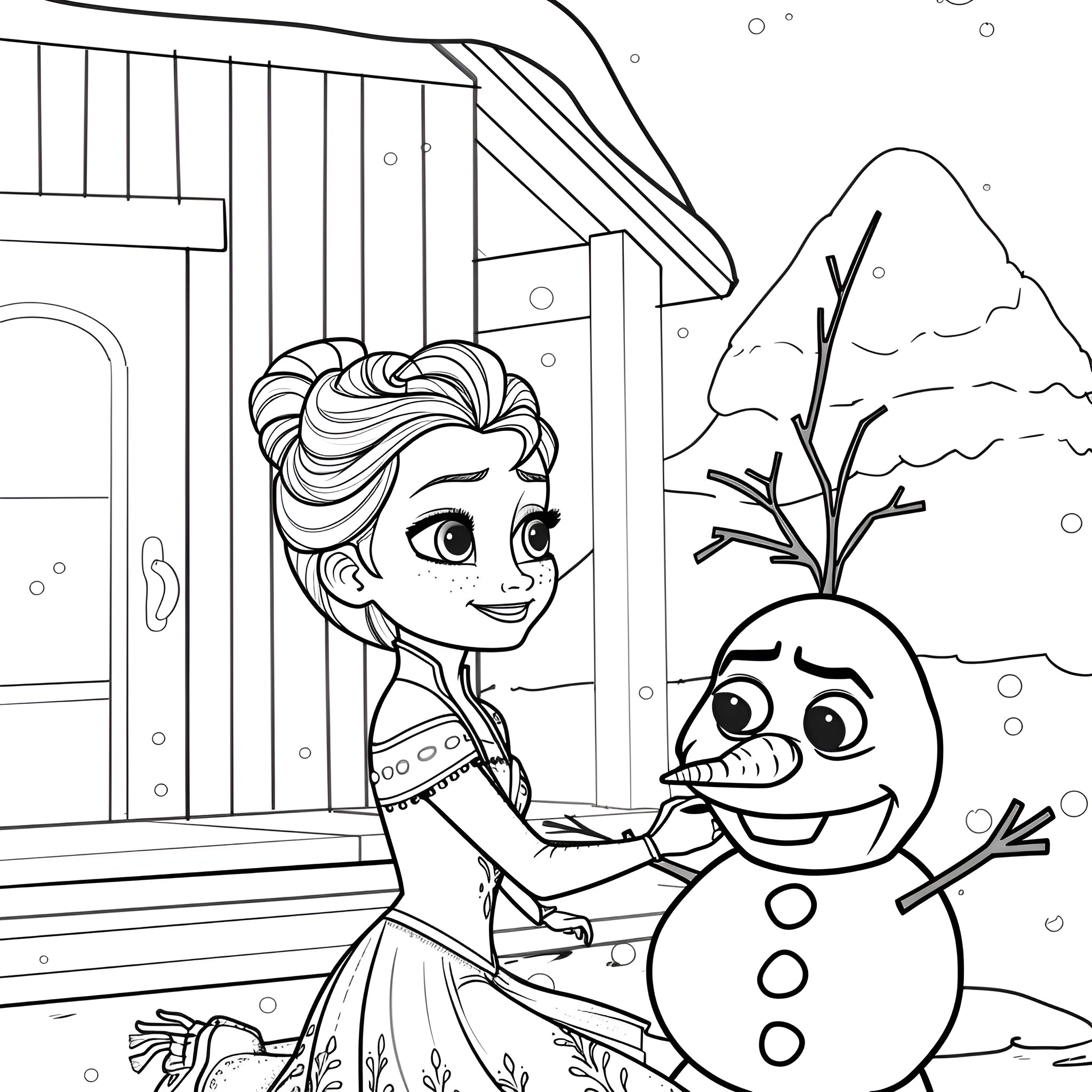 Elsa greeting a cheerful snowman Coloring Page (free black-and-white line drawing printable PDF for all, from beginners to advanced learners, including children, teens, adults, and seniors)