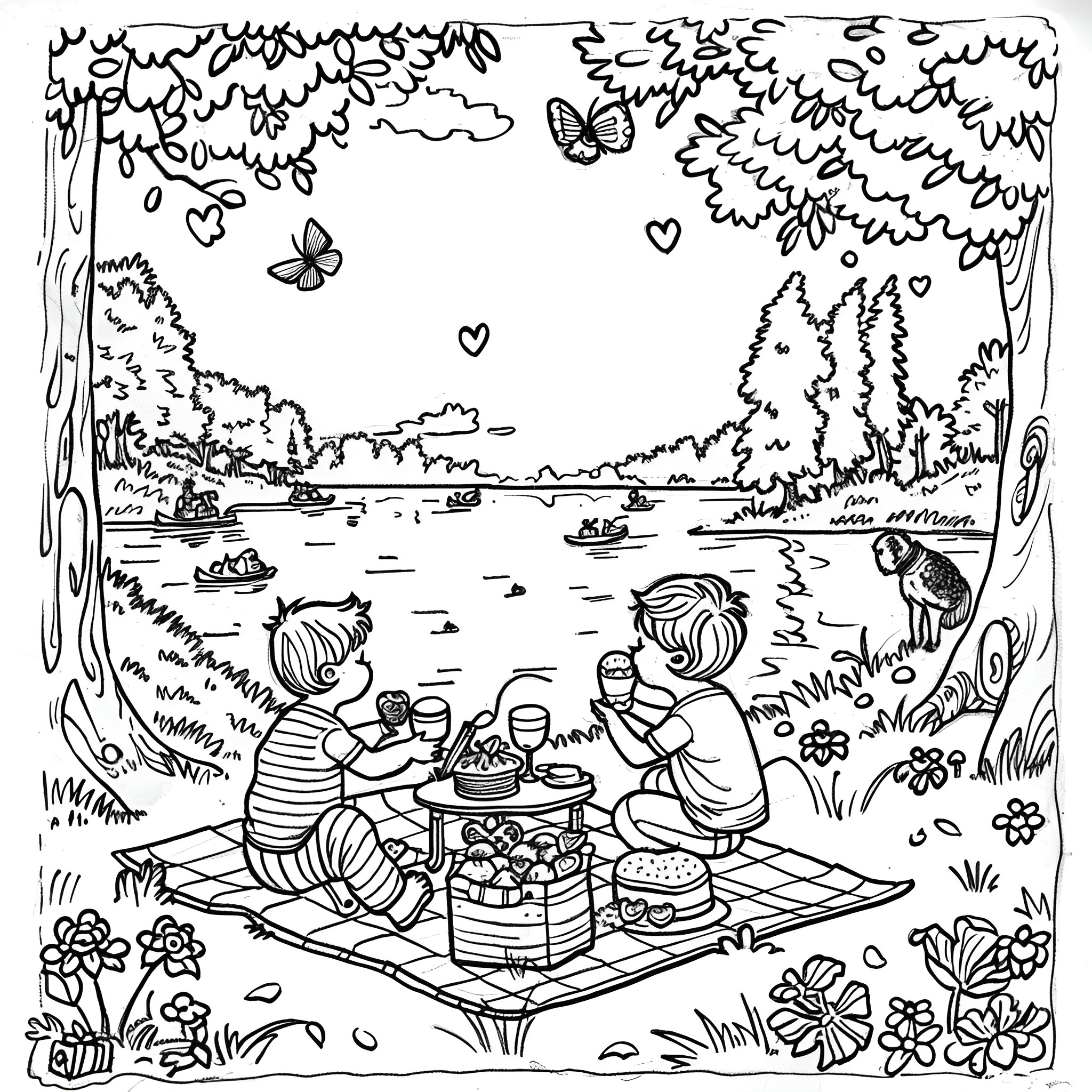 Valentine's Day Picnic in Scenic Nature Coloring Page (free black-and-white line drawing printable PDF for all, from beginners to advanced learners, including children, teens, adults, and seniors)