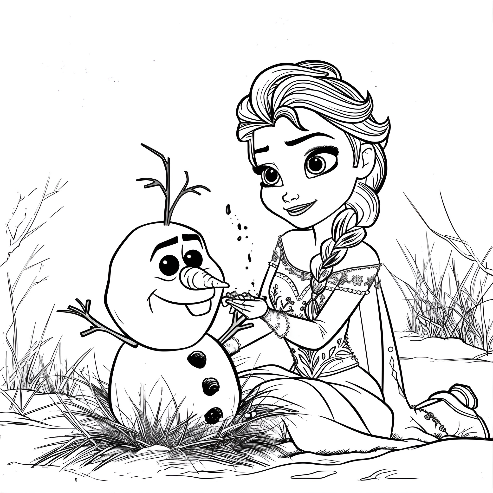 Elsa playing with Olaf in nature scene Coloring Page (free black-and-white line drawing printable PDF for all, from beginners to advanced learners, including children, teens, adults, and seniors)