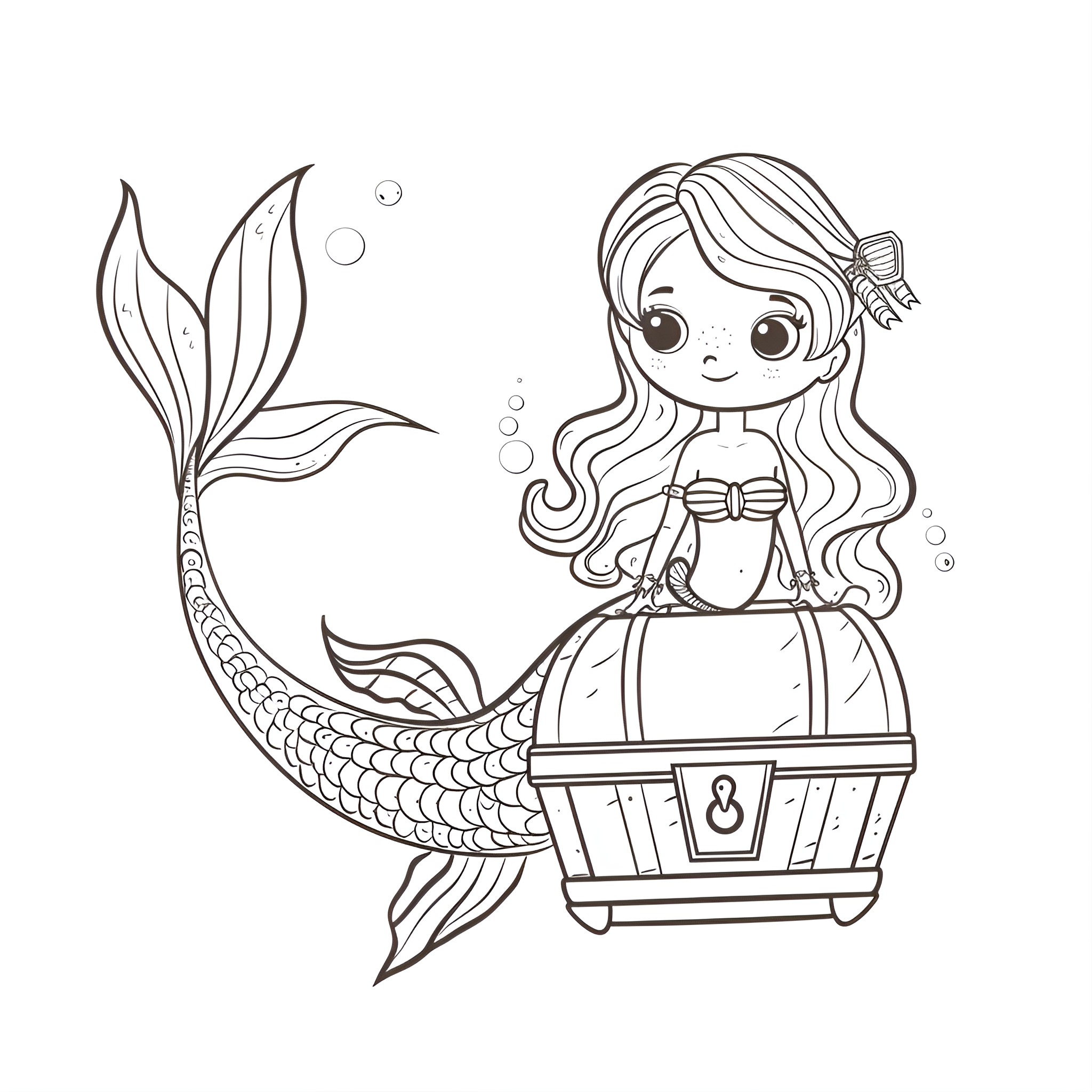 Mermaid sitting on a treasure chest Coloring Page (free black-and-white line drawing printable PDF for all, from beginners to advanced learners, including children, teens, adults, and seniors)