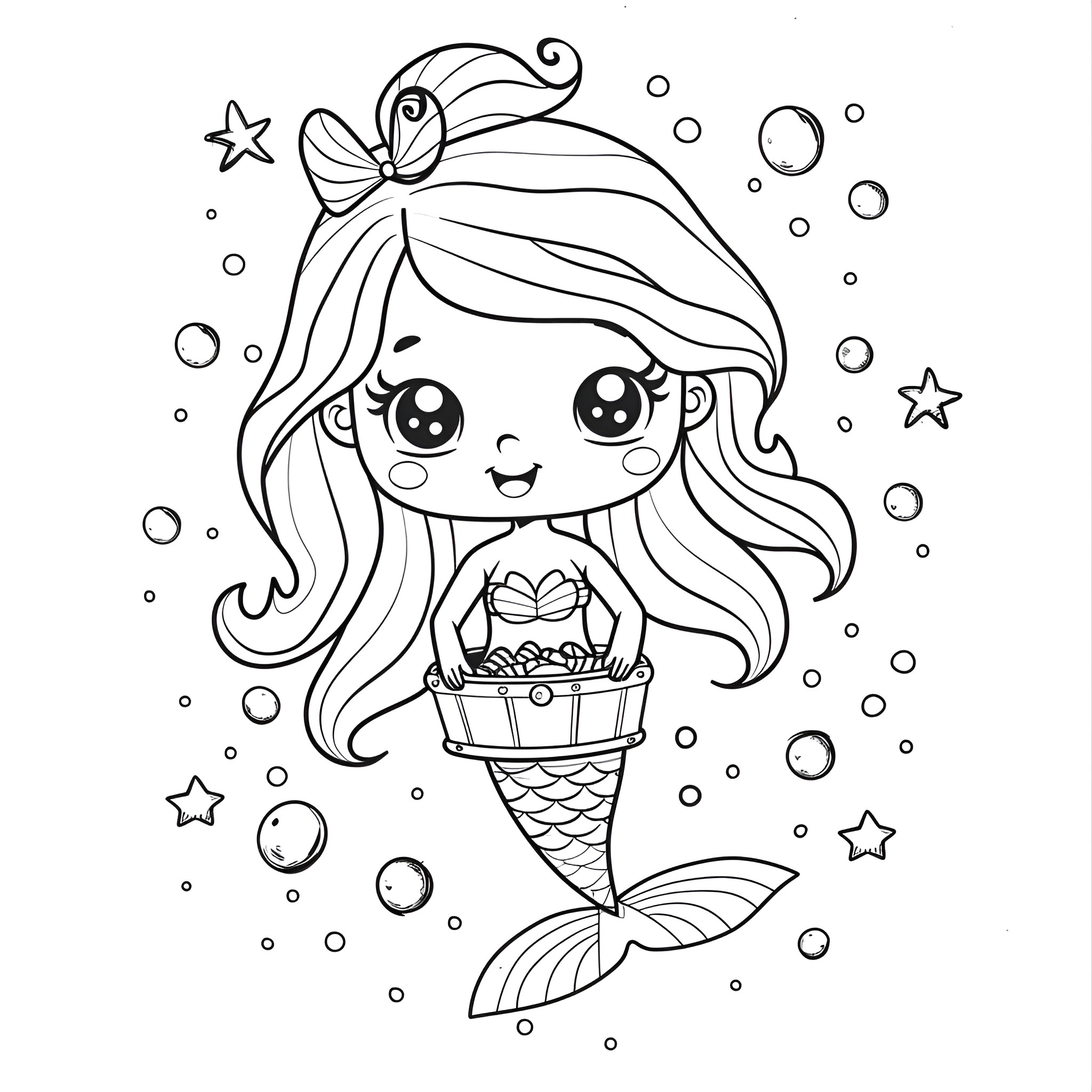 Mermaid with treasure chest in underwater scene Coloring Page (free black-and-white line drawing printable PDF for all, from beginners to advanced learners, including children, teens, adults, and seniors)