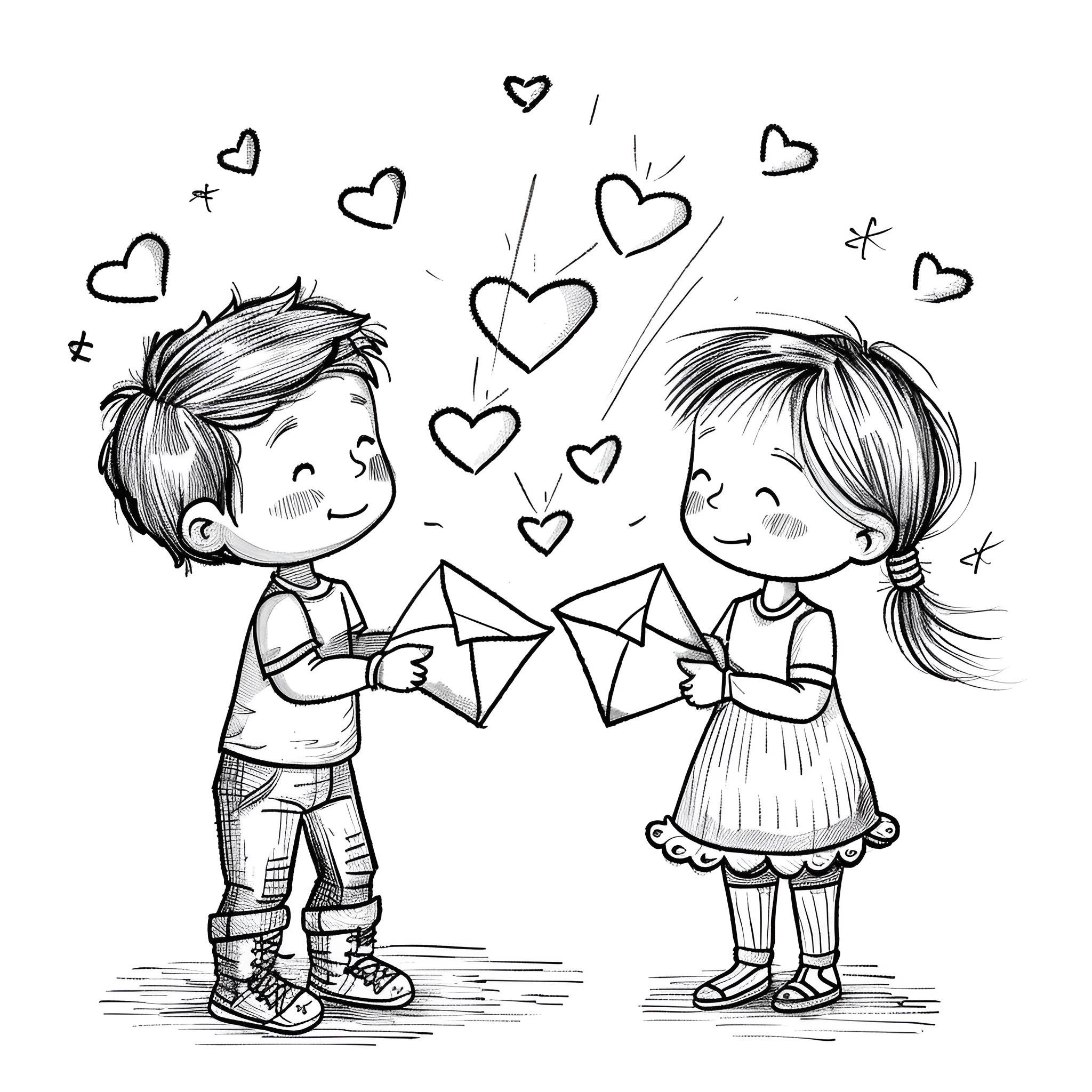 Valentine's Day children exchanging love letters Coloring Page (free black-and-white line drawing printable PDF for all, from beginners to advanced learners, including children, teens, adults, and seniors)