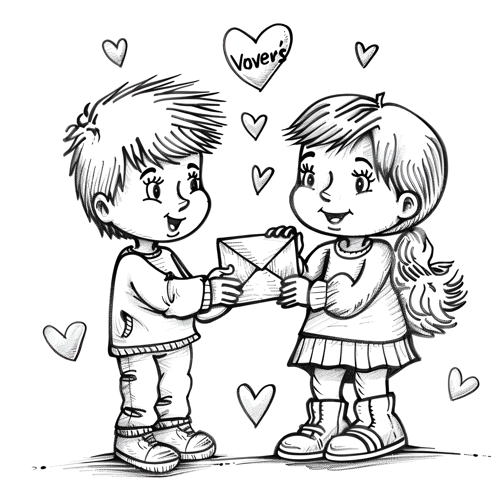 Valentine's Day Two Playful Children with Hearts Coloring Page (free black-and-white line drawing printable PDF for all, from beginners to advanced learners, including children, teens, adults, and seniors)