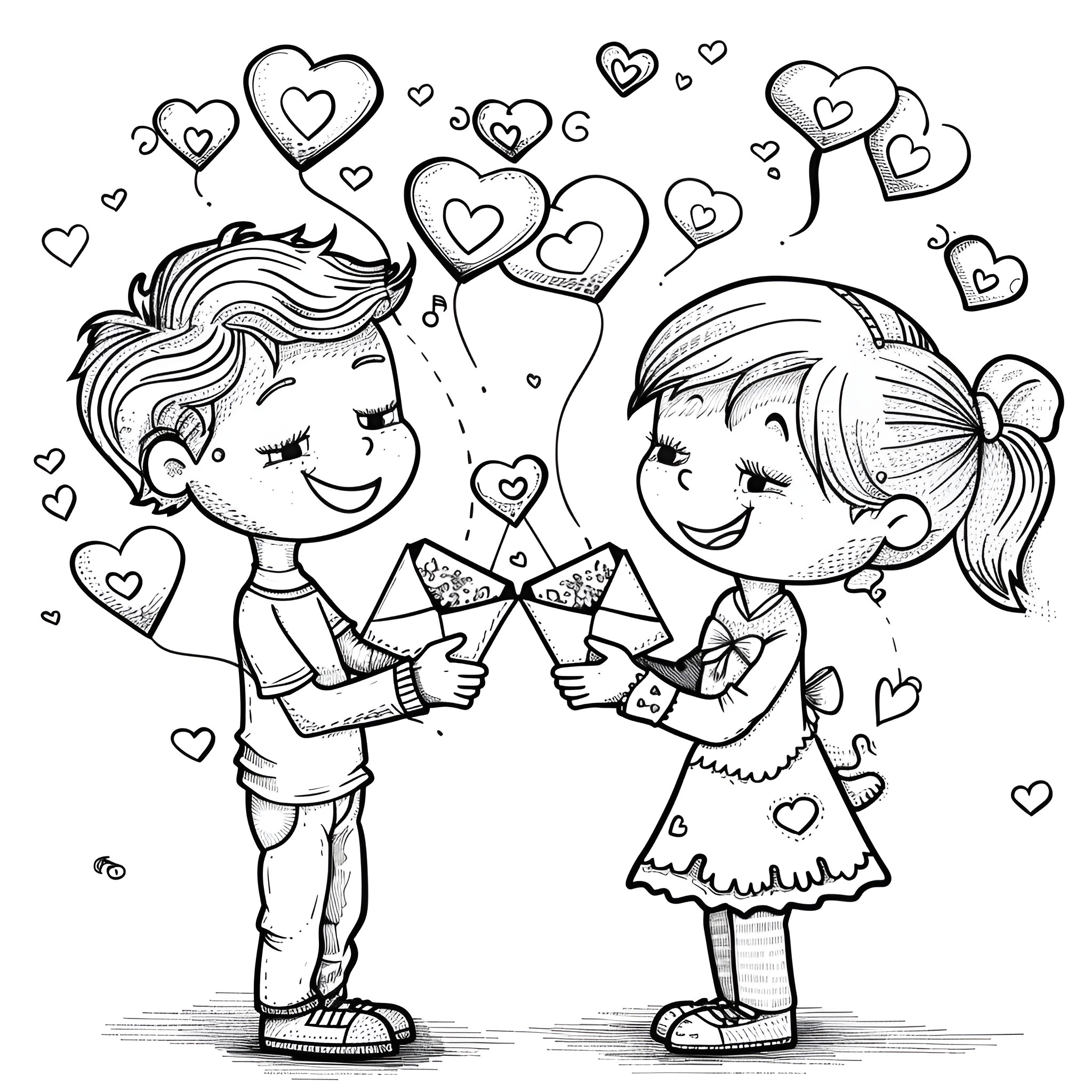 Valentine's Day Couple Sharing Love and Joy Coloring Page (free black-and-white line drawing printable PDF for all, from beginners to advanced learners, including children, teens, adults, and seniors)