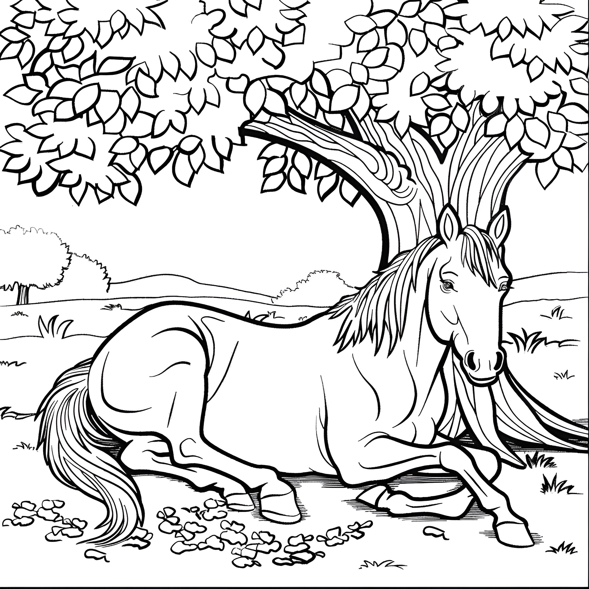 Horse resting under a tree Coloring Page (free black-and-white line drawing printable PDF for all, from beginners to advanced learners, including children, teens, adults, and seniors)