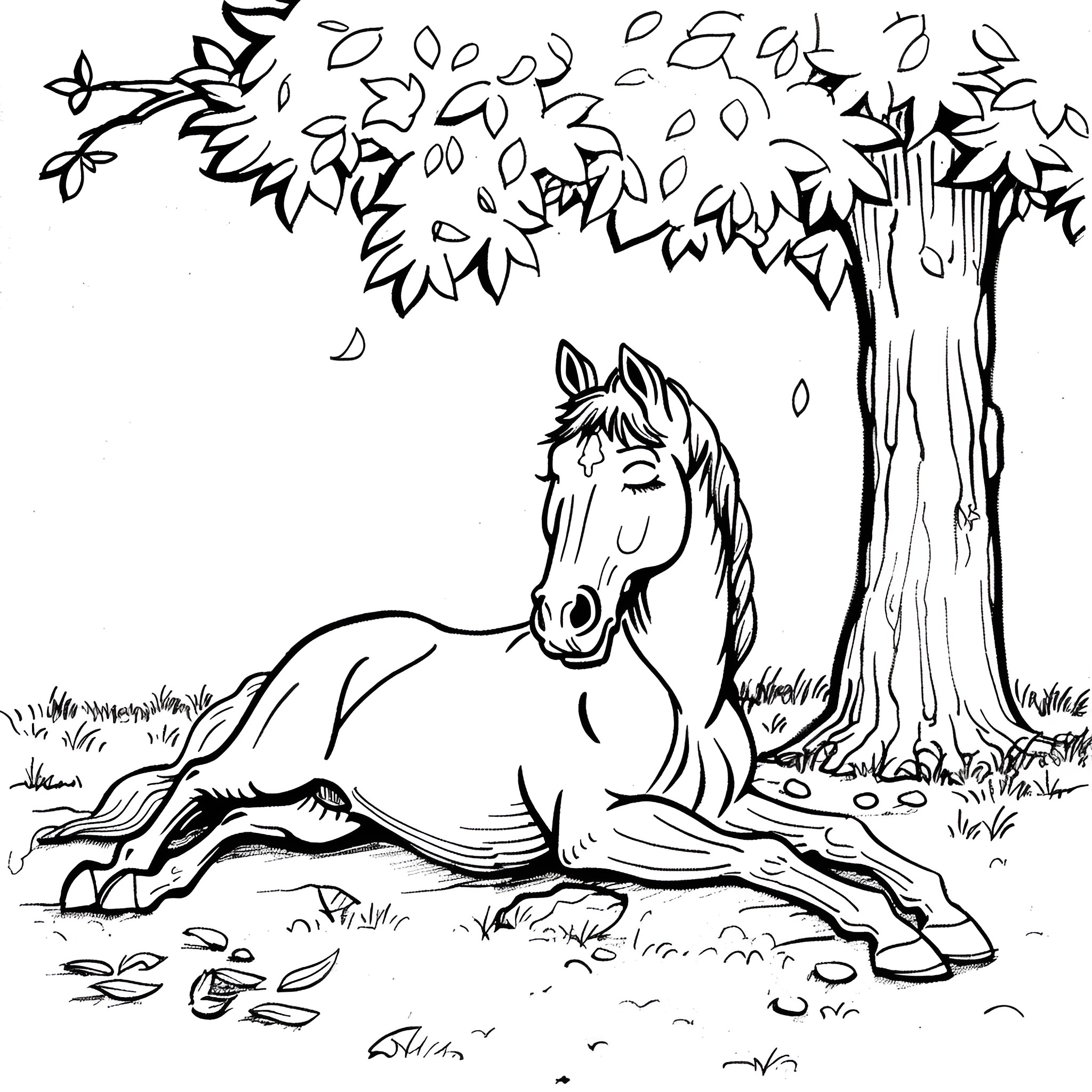 Horse resting peacefully in nature Coloring Page (free black-and-white line drawing printable PDF for all, from beginners to advanced learners, including children, teens, adults, and seniors)