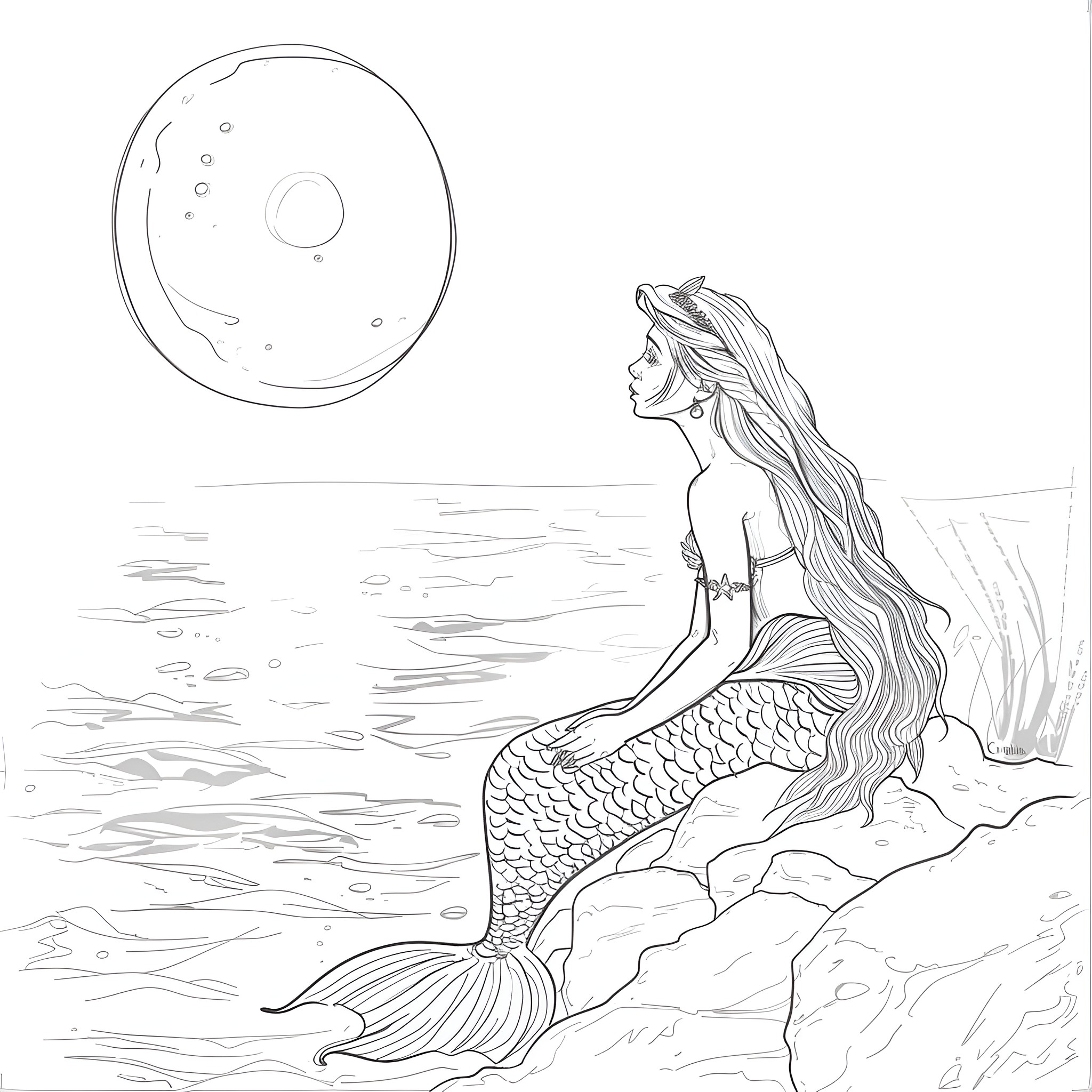 Mermaid gazing at the moon Coloring Page (free black-and-white line drawing printable PDF for all, from beginners to advanced learners, including children, teens, adults, and seniors)