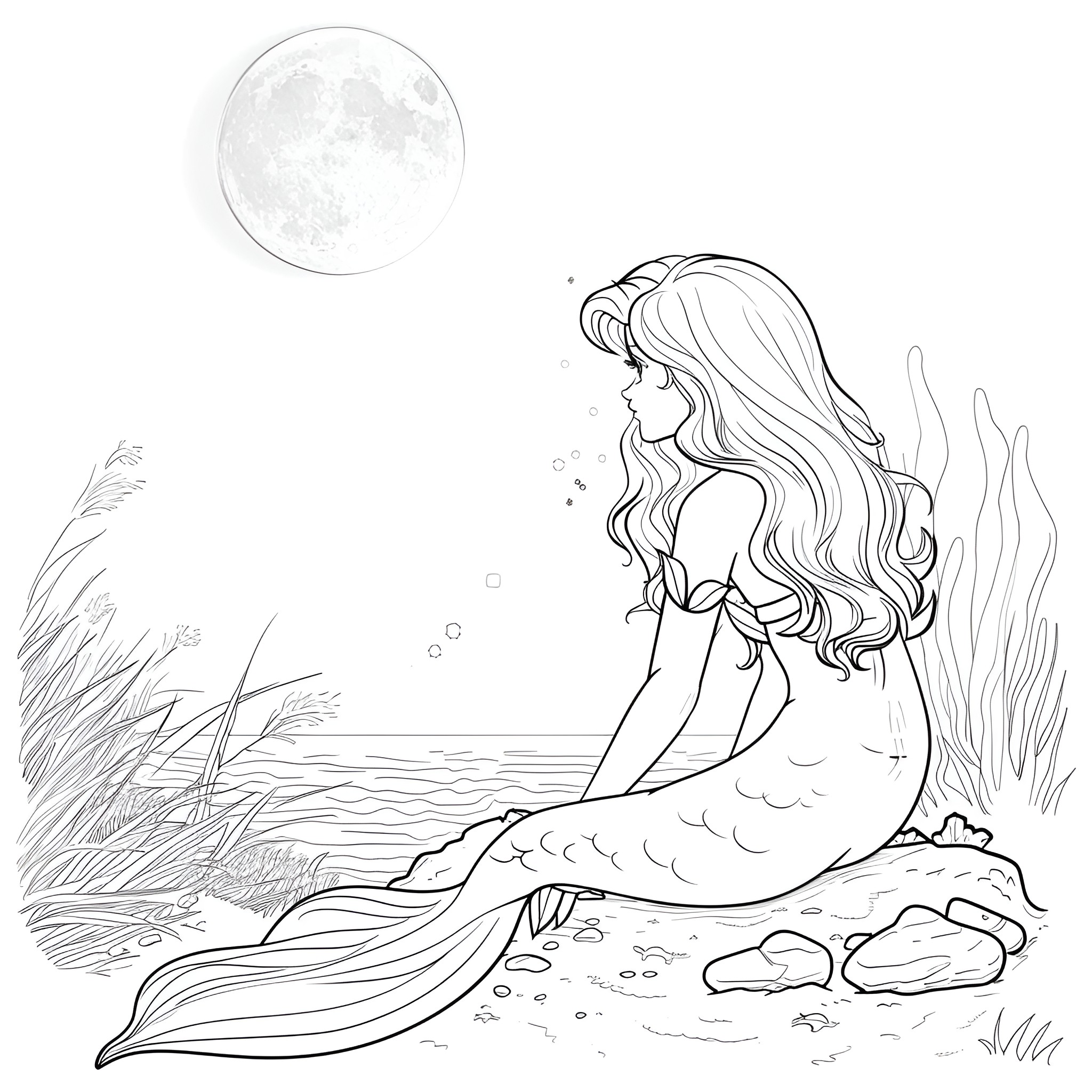 Mermaid gazing at the moonlit sea Coloring Page (free black-and-white line drawing printable PDF for all, from beginners to advanced learners, including children, teens, adults, and seniors)