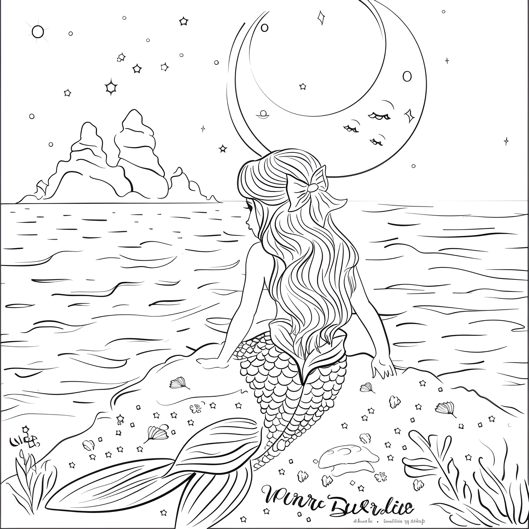 Mermaid gazing at the crescent moon Coloring Page (free black-and-white line drawing printable PDF for all, from beginners to advanced learners, including children, teens, adults, and seniors)