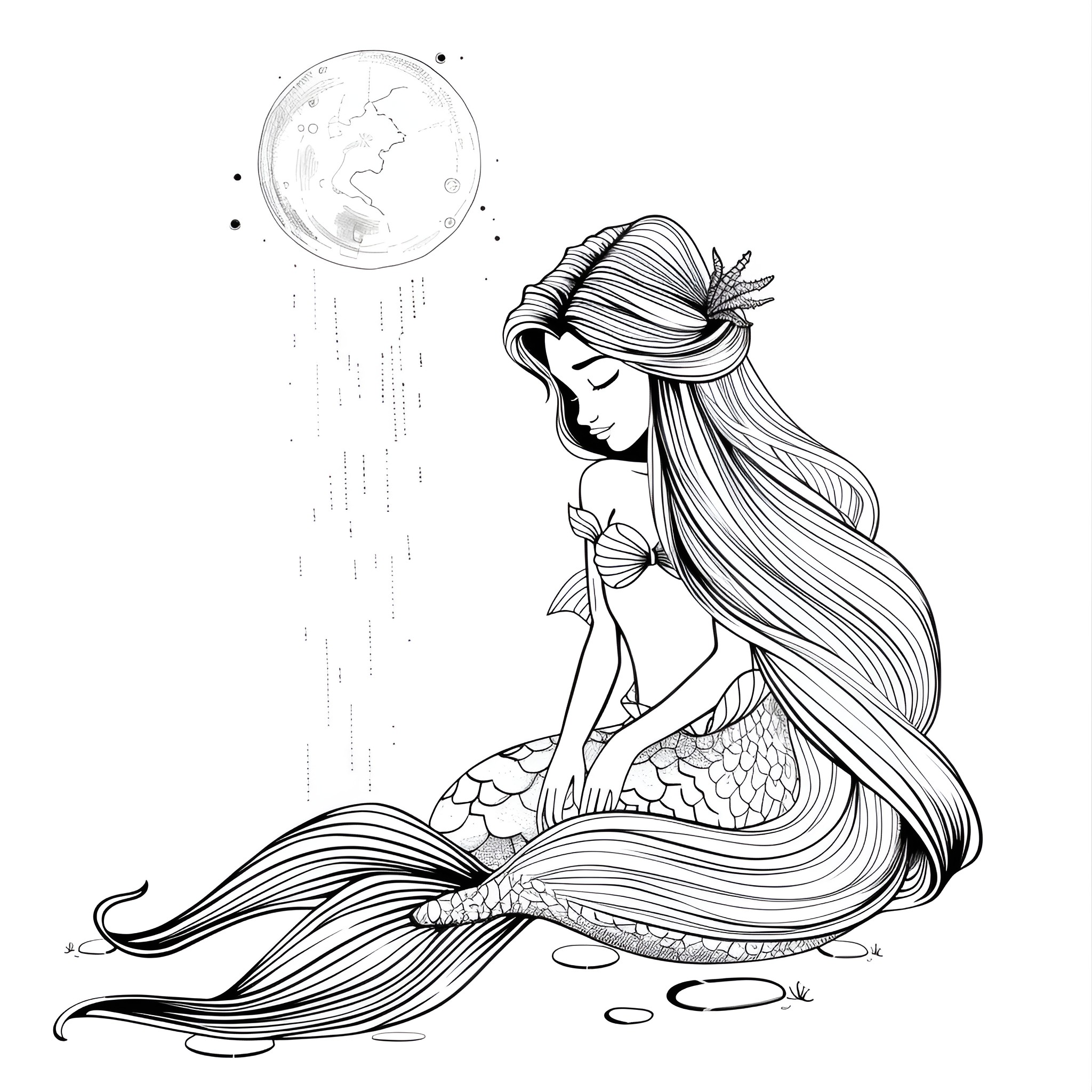 Mermaid gazing at the moon Coloring Page (free black-and-white line drawing printable PDF for all, from beginners to advanced learners, including children, teens, adults, and seniors)