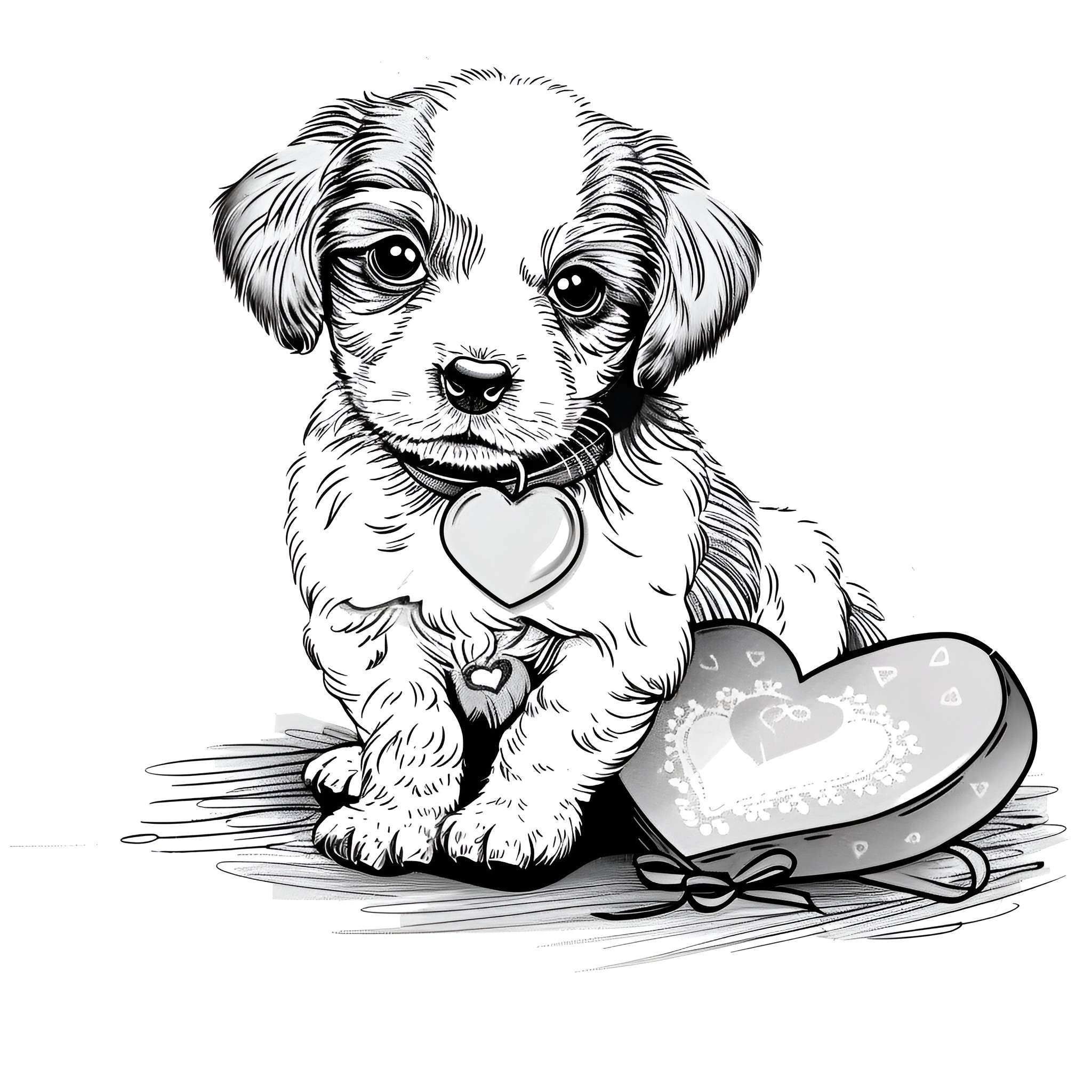 Valentine's Day puppy with heart-shaped tag Coloring Page (free black-and-white line drawing printable PDF for all, from beginners to advanced learners, including children, teens, adults, and seniors)