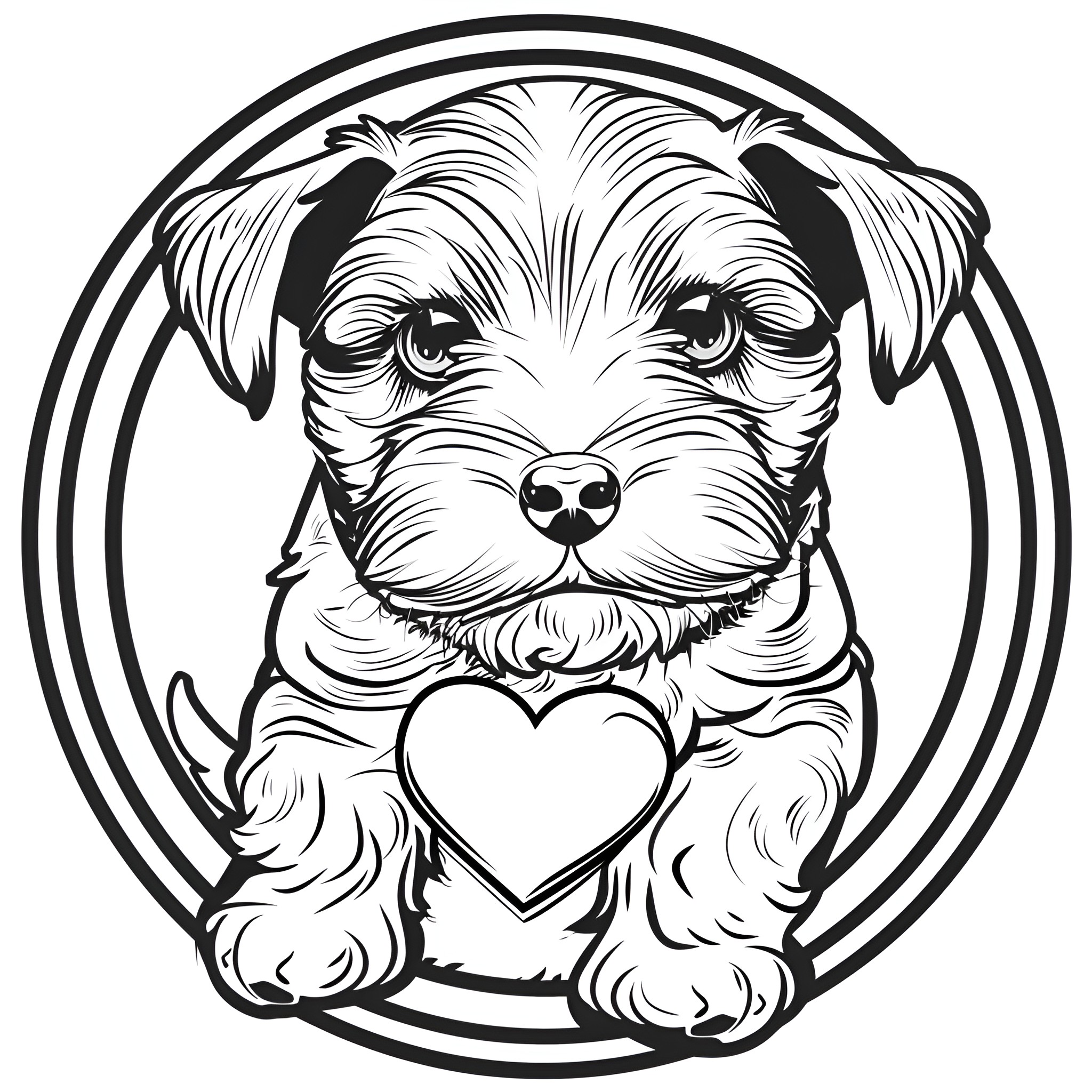 Valentine's Day puppy with heart Coloring Page (free black-and-white line drawing printable PDF for all, from beginners to advanced learners, including children, teens, adults, and seniors)