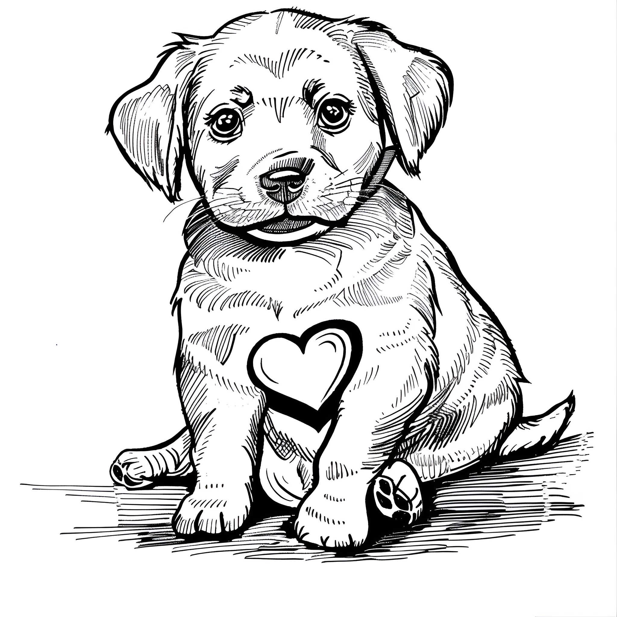 Valentine's Day puppy with heart-shaped collar Coloring Page (free black-and-white line drawing printable PDF for all, from beginners to advanced learners, including children, teens, adults, and seniors)