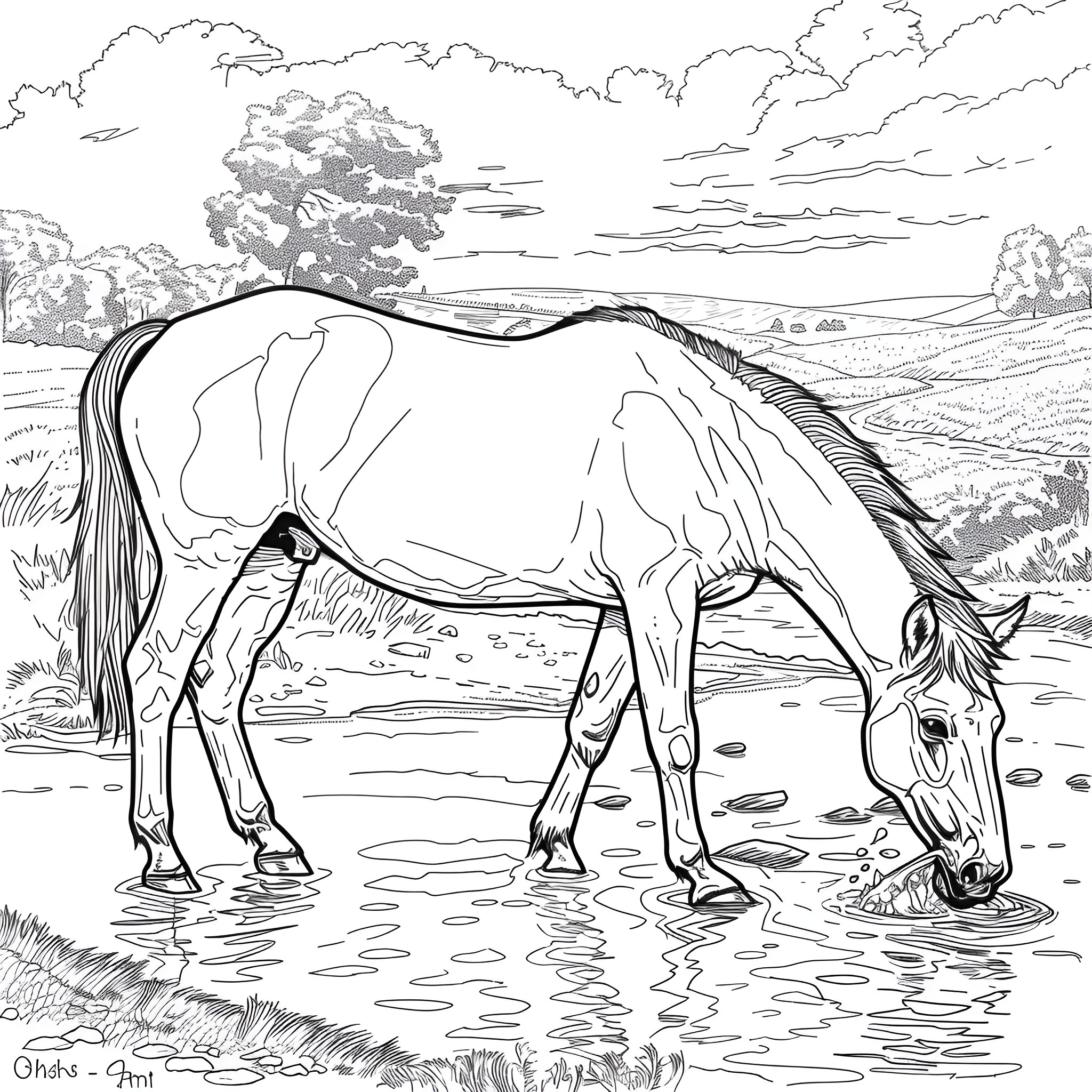 Horse drinking water in scenic landscape Coloring Page (free black-and-white line drawing printable PDF for all, from beginners to advanced learners, including children, teens, adults, and seniors)