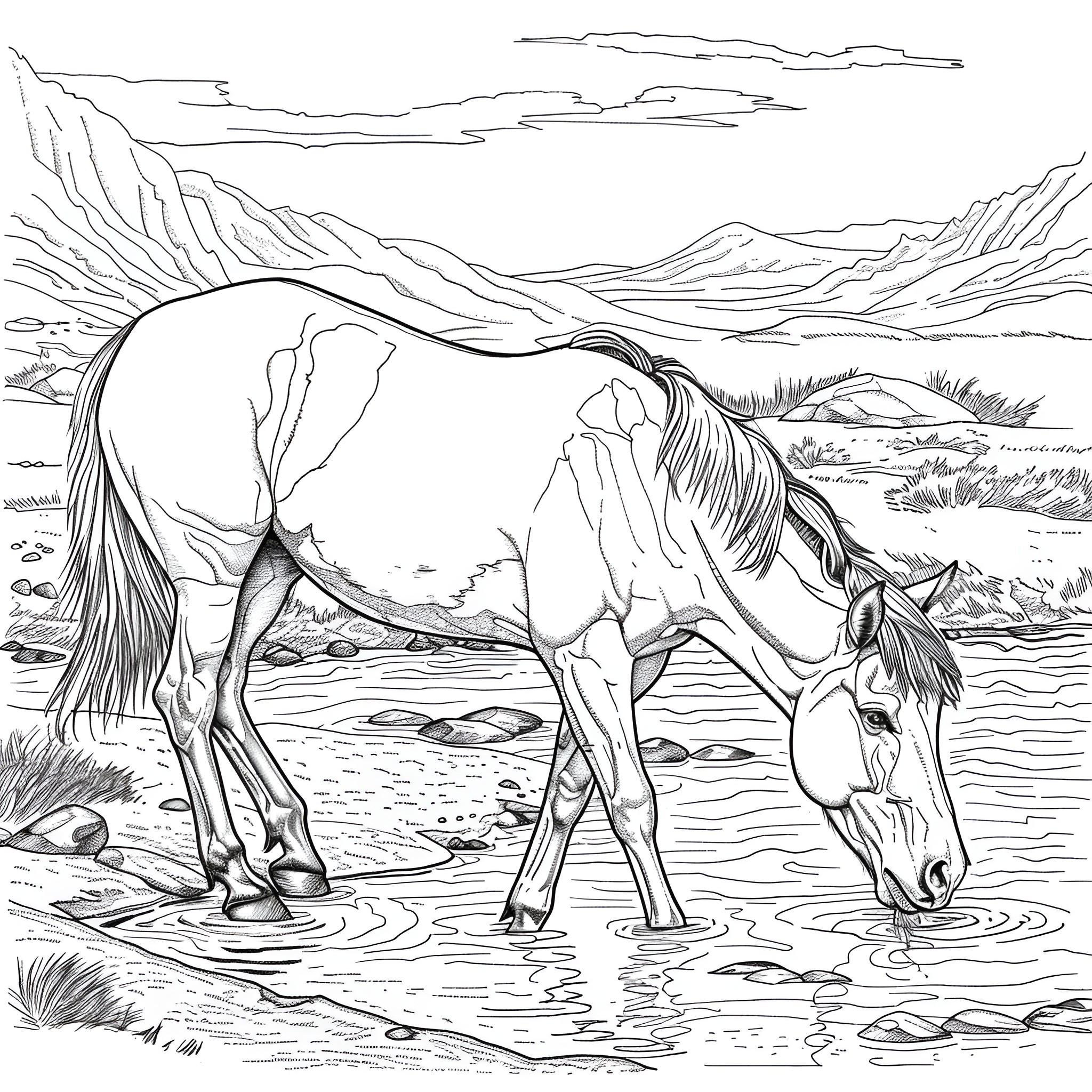 Horse drinking at serene mountain landscape Coloring Page (free black-and-white line drawing printable PDF for all, from beginners to advanced learners, including children, teens, adults, and seniors)