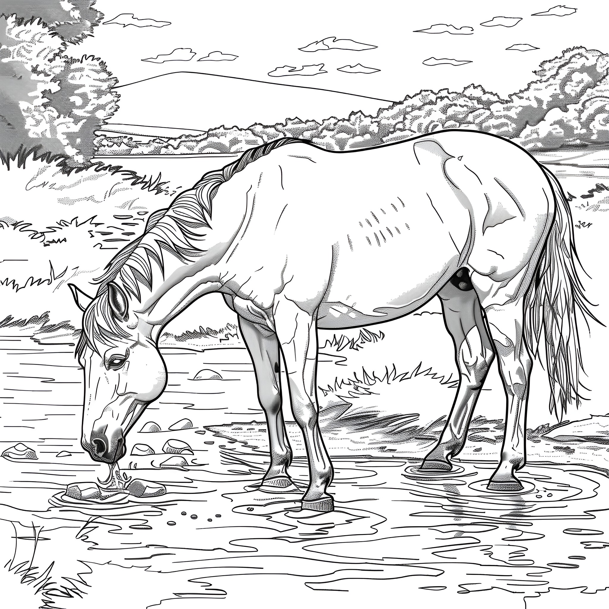 Horse drinking water by the riverbank Coloring Page (free black-and-white line drawing printable PDF for all, from beginners to advanced learners, including children, teens, adults, and seniors)