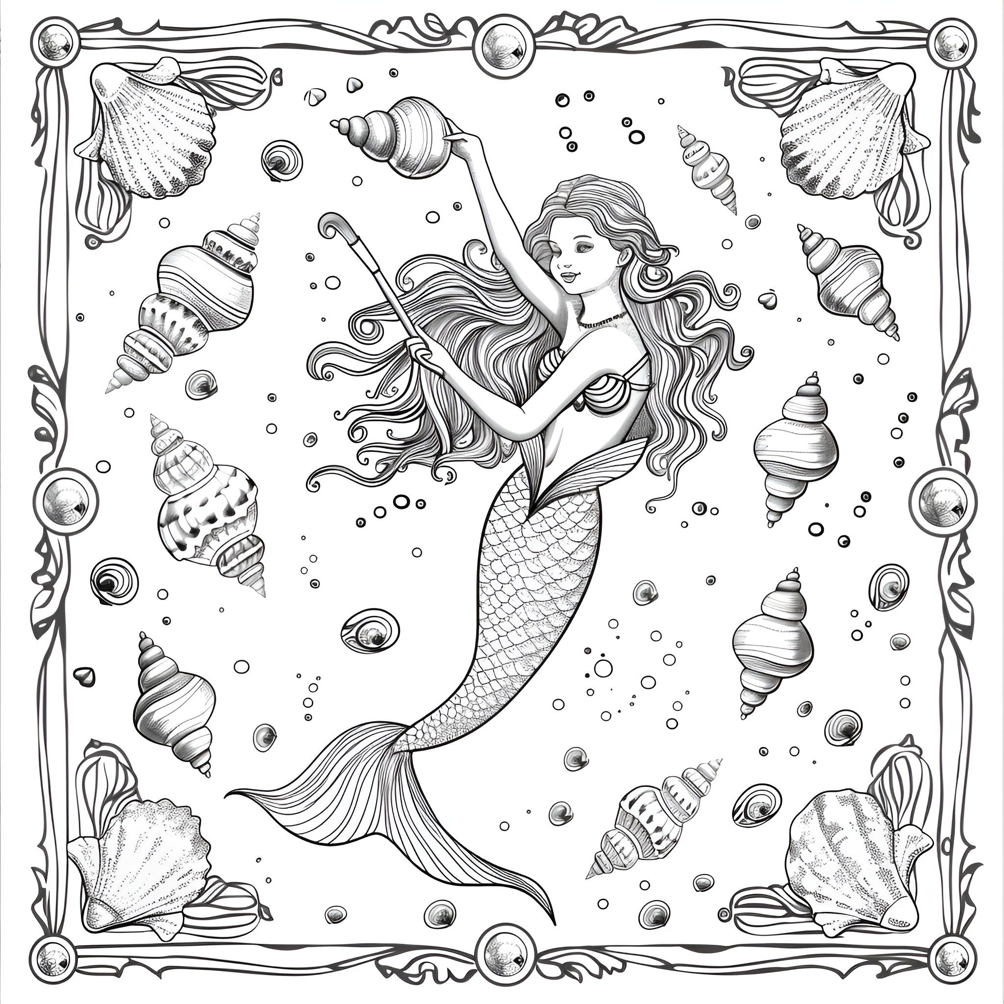 Mermaid swimming amidst seashells and bubbles Coloring Page (free black-and-white line drawing printable PDF for all, from beginners to advanced learners, including children, teens, adults, and seniors)