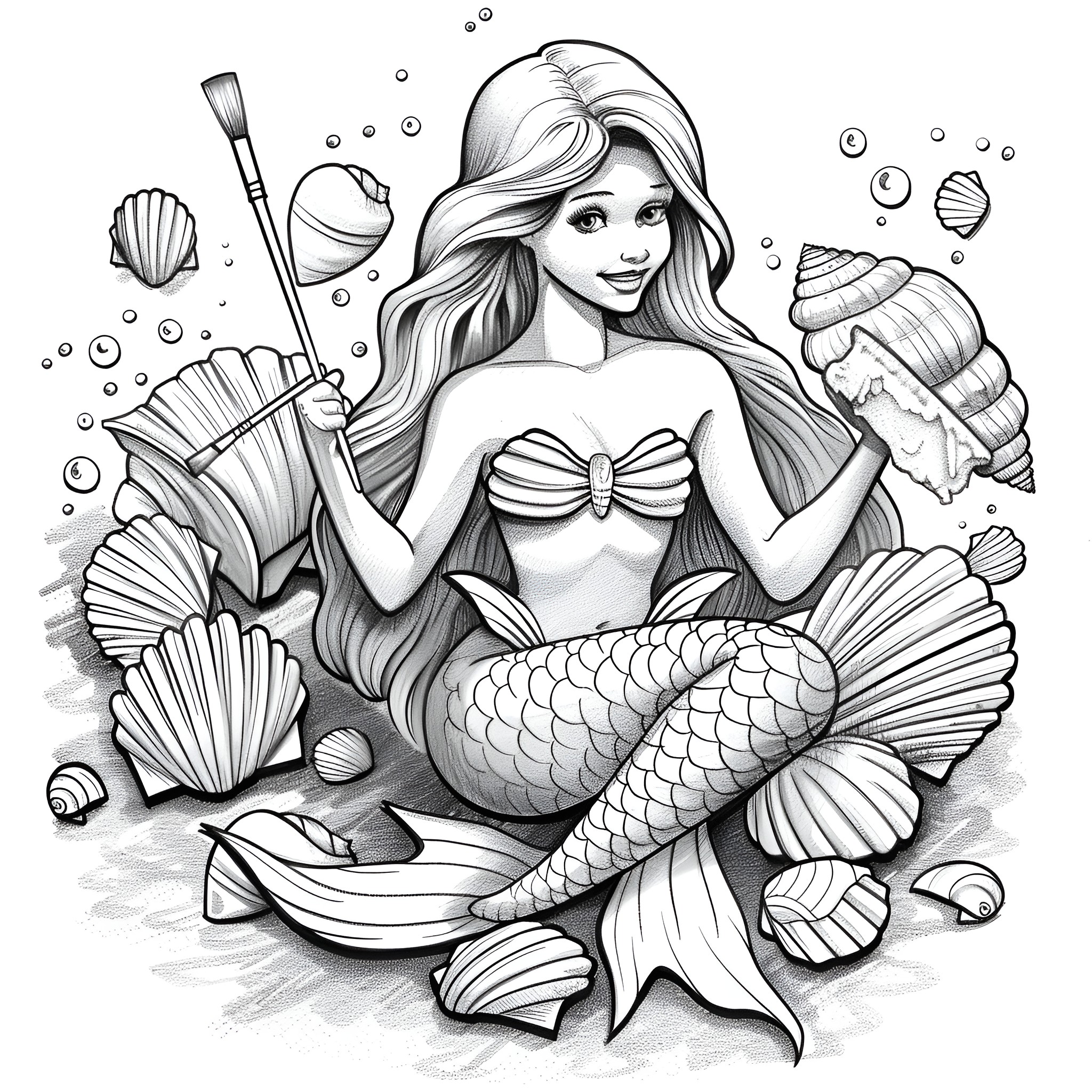 Mermaid posing amidst seashells and bubbles Coloring Page (free black-and-white line drawing printable PDF for all, from beginners to advanced learners, including children, teens, adults, and seniors)