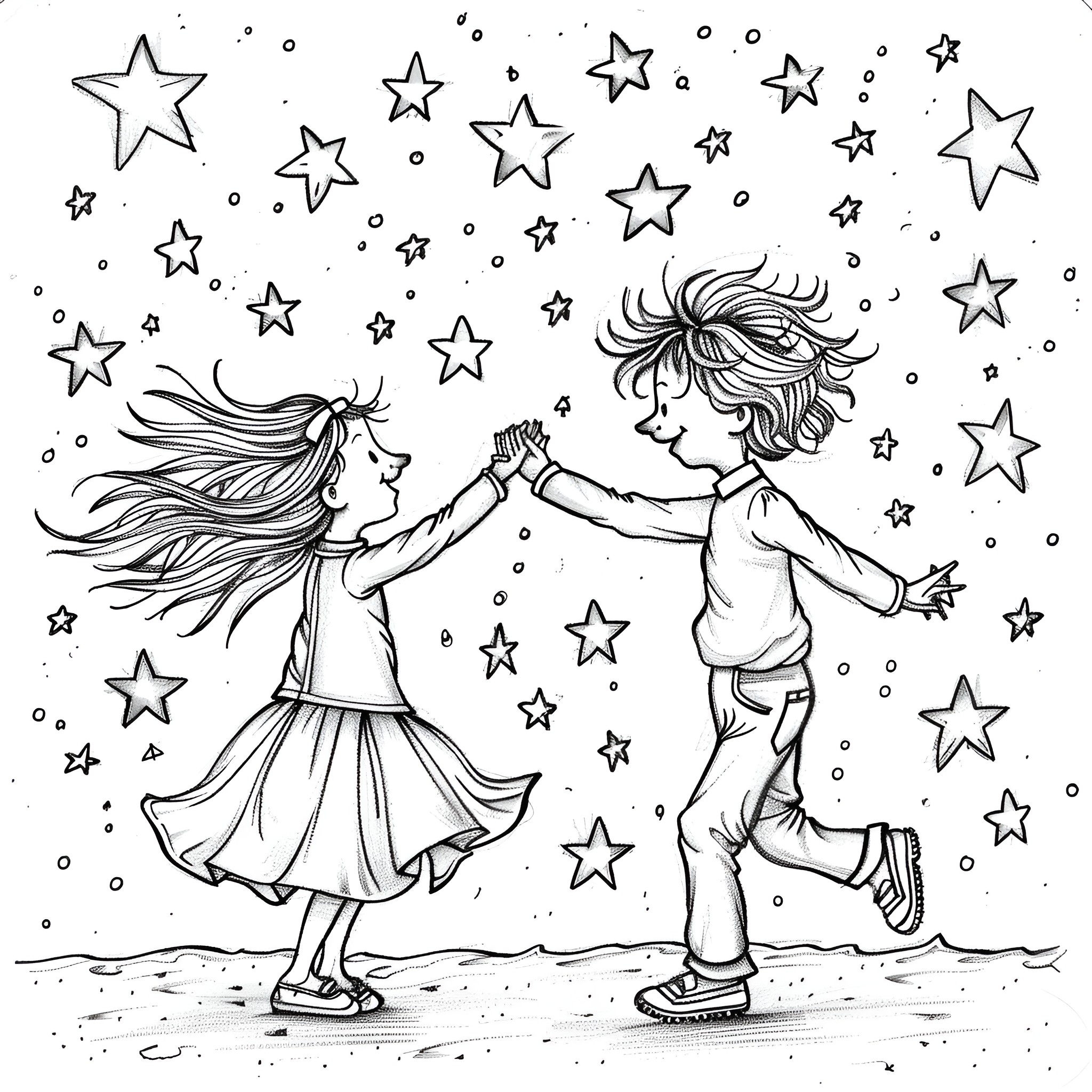 Valentine's Day pair dancing among the stars Coloring Page (free black-and-white line drawing printable PDF for all, from beginners to advanced learners, including children, teens, adults, and seniors)