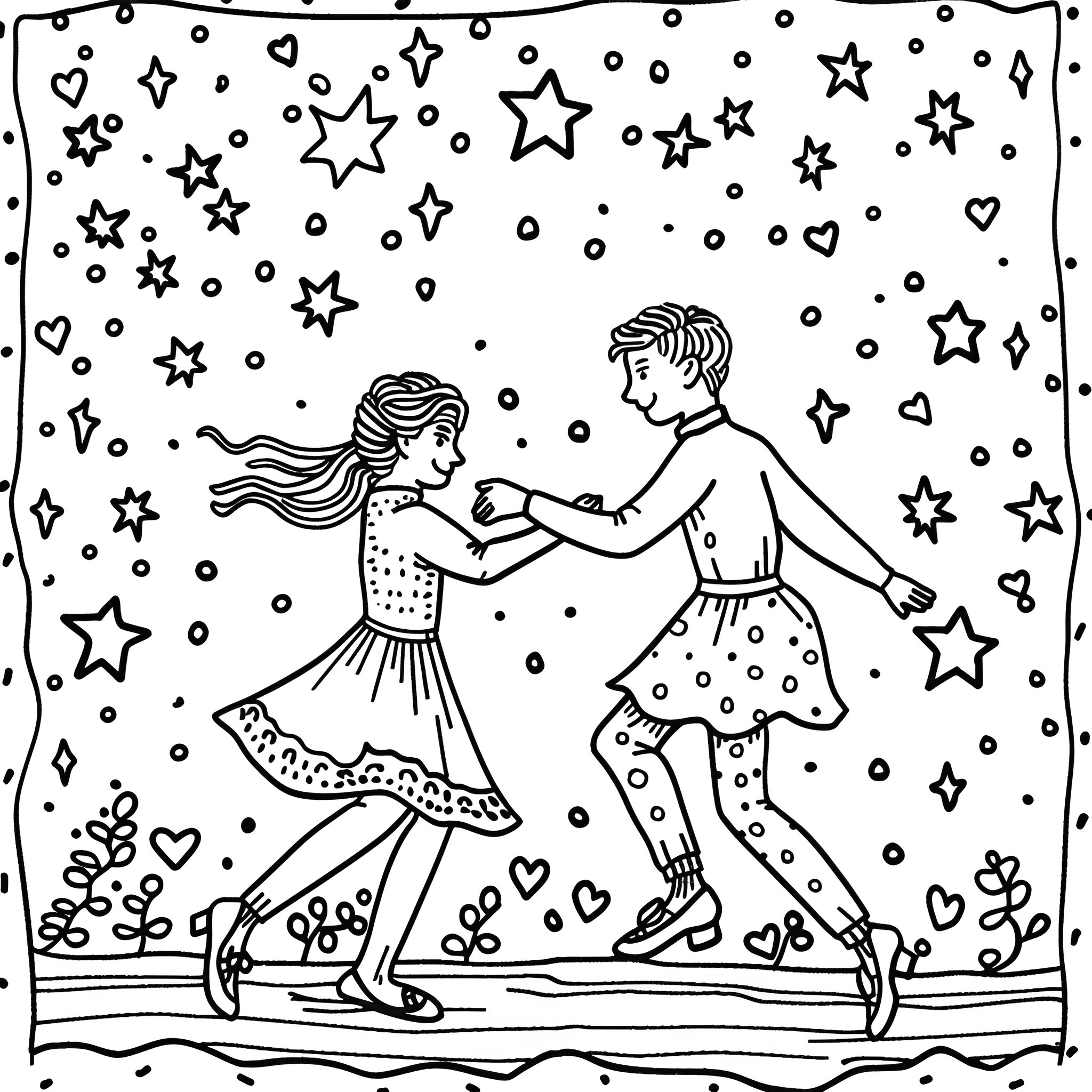 Valentine's Day couple dancing in starry night Coloring Page (free black-and-white line drawing printable PDF for all, from beginners to advanced learners, including children, teens, adults, and seniors)