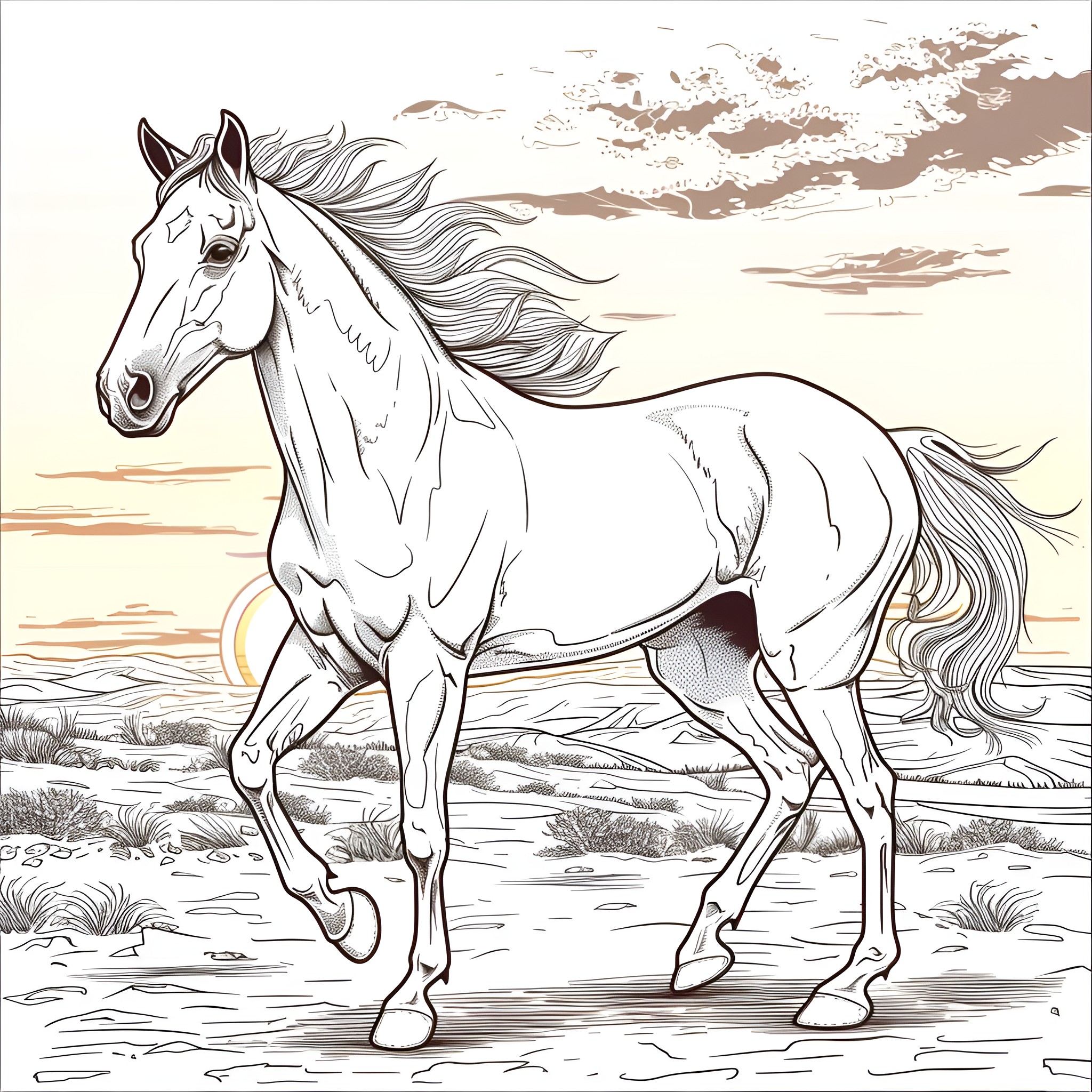 Horse Galloping Through Scenic Landscape Coloring Page (free black-and-white line drawing printable PDF for all, from beginners to advanced learners, including children, teens, adults, and seniors)