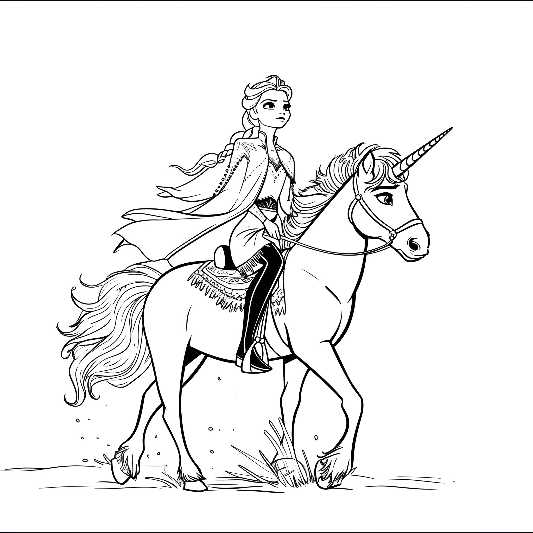 Elsa riding a magical unicorn Coloring Page (free black-and-white line drawing printable PDF for all, from beginners to advanced learners, including children, teens, adults, and seniors)